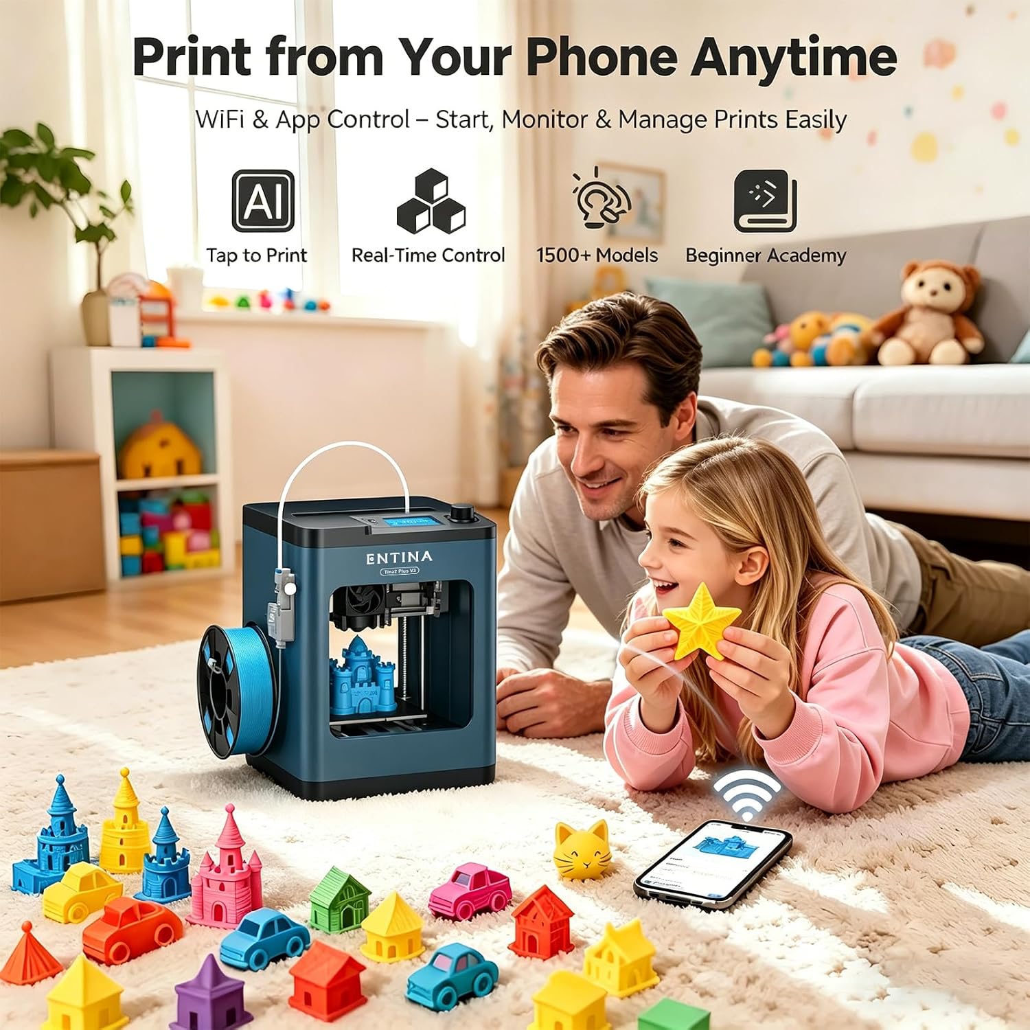 Entina Tina2 Plus Smart 3D Printers with 250MM/S Fast Printing, Fully Assembled, 3D Printer for Kids and Beginners with WiFi High Precision 3D Printing, Auto Leveling Mini 3D Printer with PEI Platform