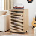 LEVNARY 5-Tier AV Media Cabinet with Grille Door & Adjustable Shelves, Modern Wooden Stereo Rack with Cable Management & Wheels, Audio Video Stand for Living Gaming Room Recording Studio (Natural)