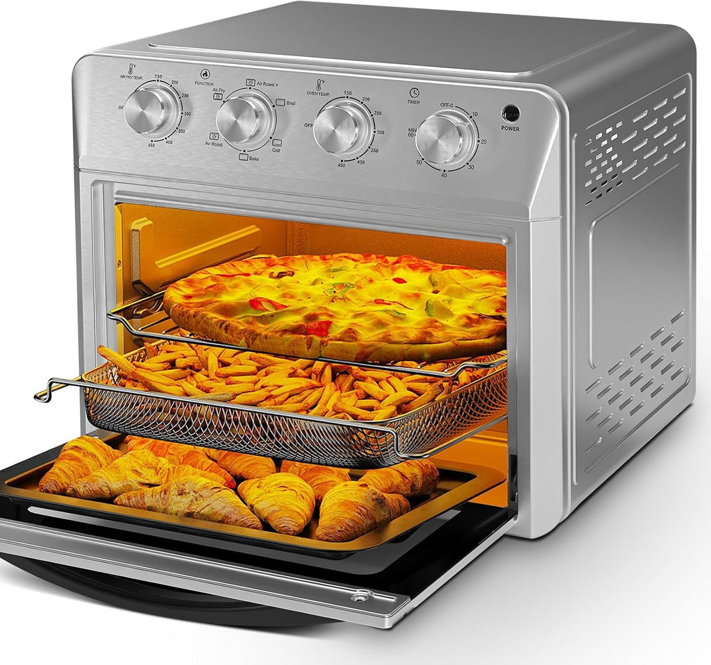Plum chef 27.5QT 6-in-1 Air Fryer Toaster Oven Extra Large Dropdown-Door 6-Slice Convection Oven for Air Frying, Baking, Roasting, Broiling & Grilling, Stainless Steel Housing, Stainless Steel