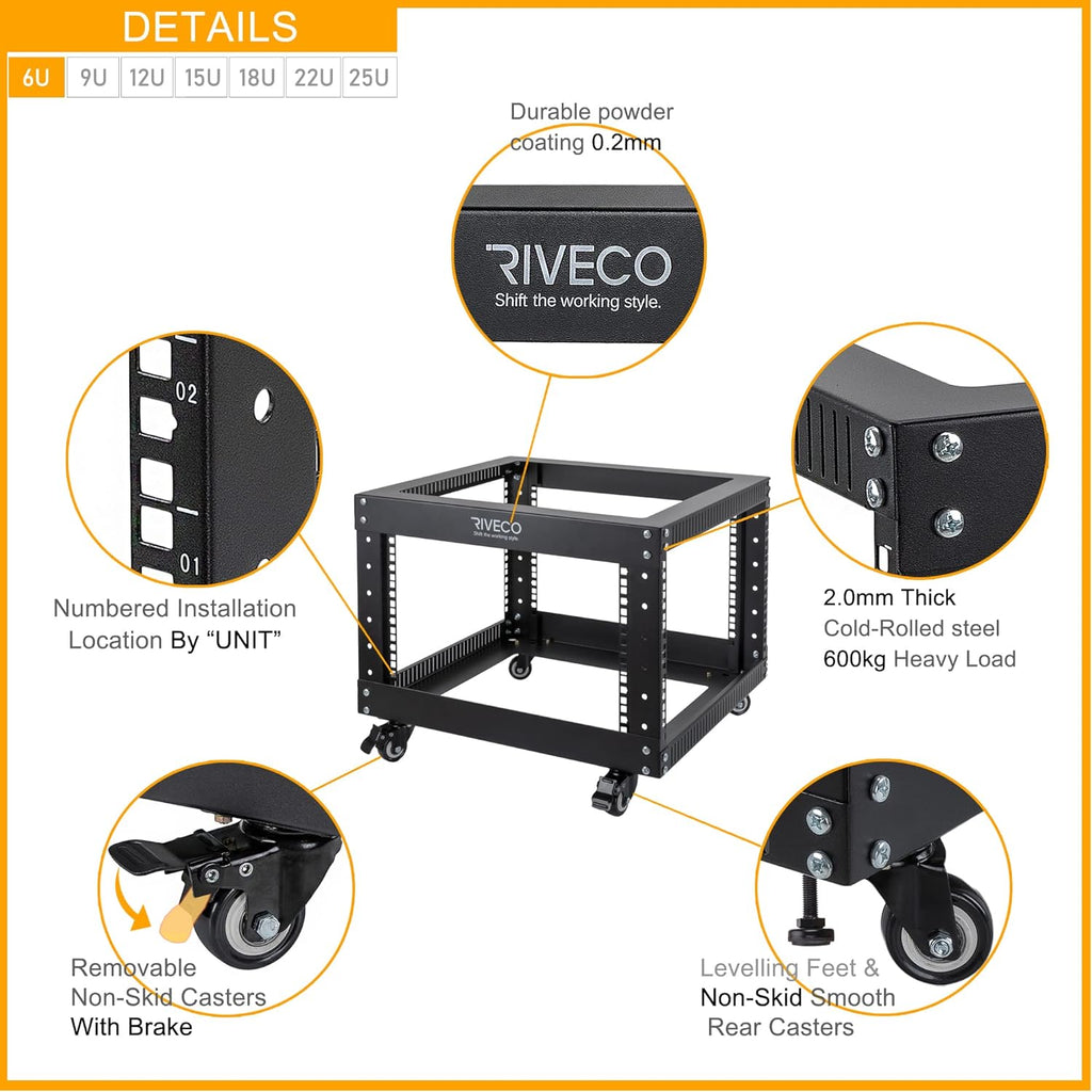 RIVECO 6U Open Frame Server Rack with Wheels- Heavy Duty 4 Post Quick Assembly 19-inch Support 600KG Equipment Home Network Cabinet Black