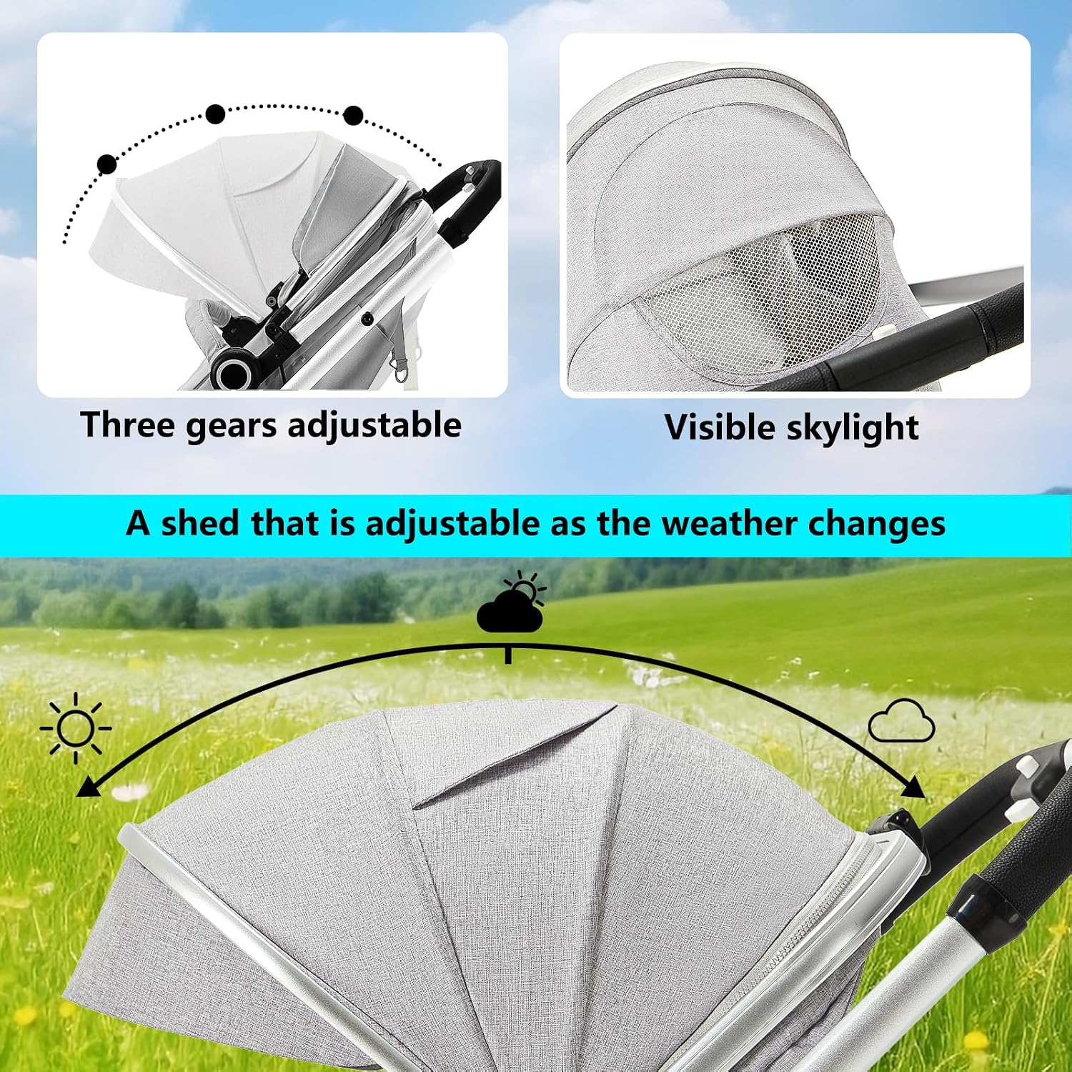 Kinder King 2 in 1 Convertible Baby Stroller, Folding High Landscape Infant Carriage, Newborn Reversible Pram, Adjustable Canopy, Diaper Bag, Anti-Shock Toddler Pushchair Stroller, Light Grey