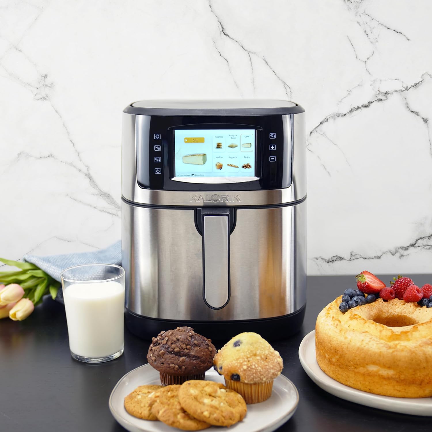 Kalorik Air Fryer VIVID Select Series, 7 Quart Capcity with Full Color Display and Touch Controls, 202 Presets in 12 Food Categories Includes Nonstick Basket & Trivet, 1500-Watts, Stainless Steel