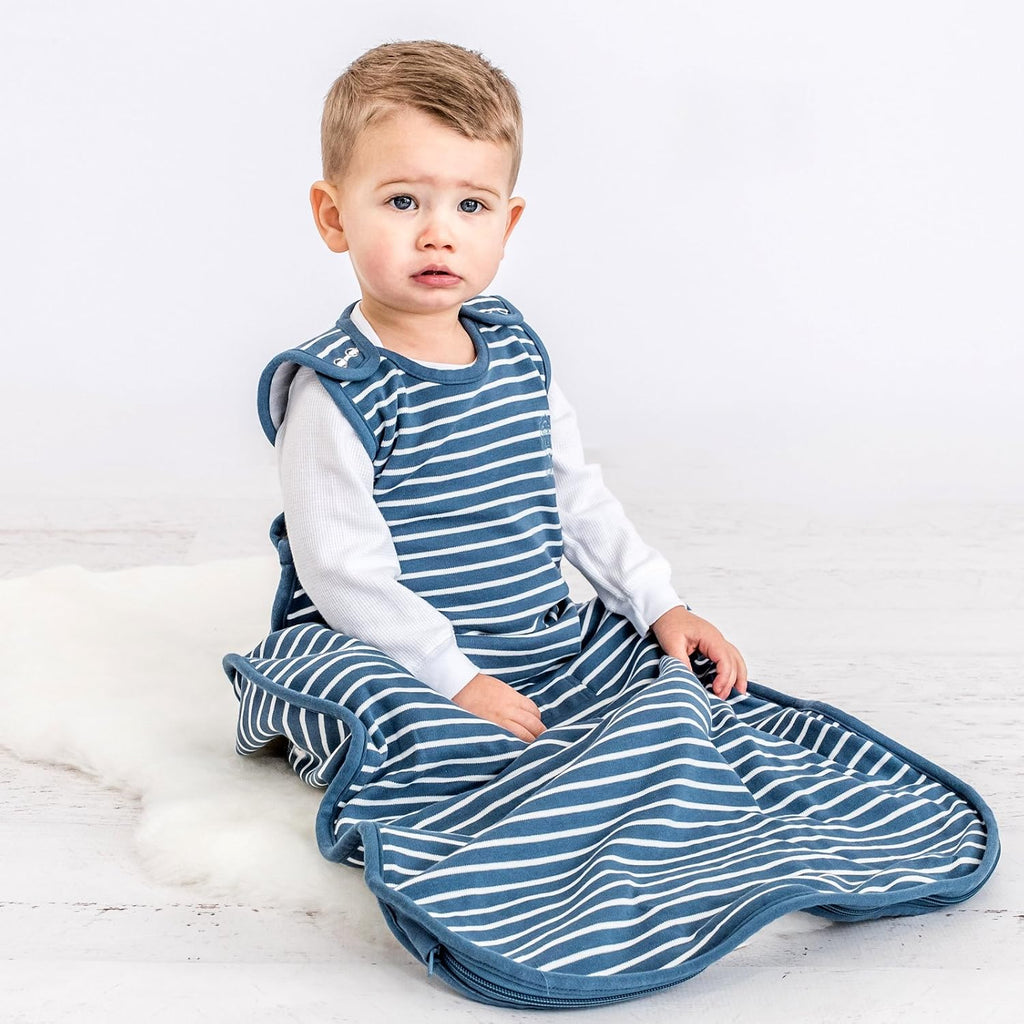 Woolino 4 Season Ultimate Baby Sleeping Bag - Merino Wool and Organic Cotton - Universal Size Adjustable Sleep Sack for Baby - Two-Way Zipper Sleeping Bag (2-24 Months) - Navy Blue