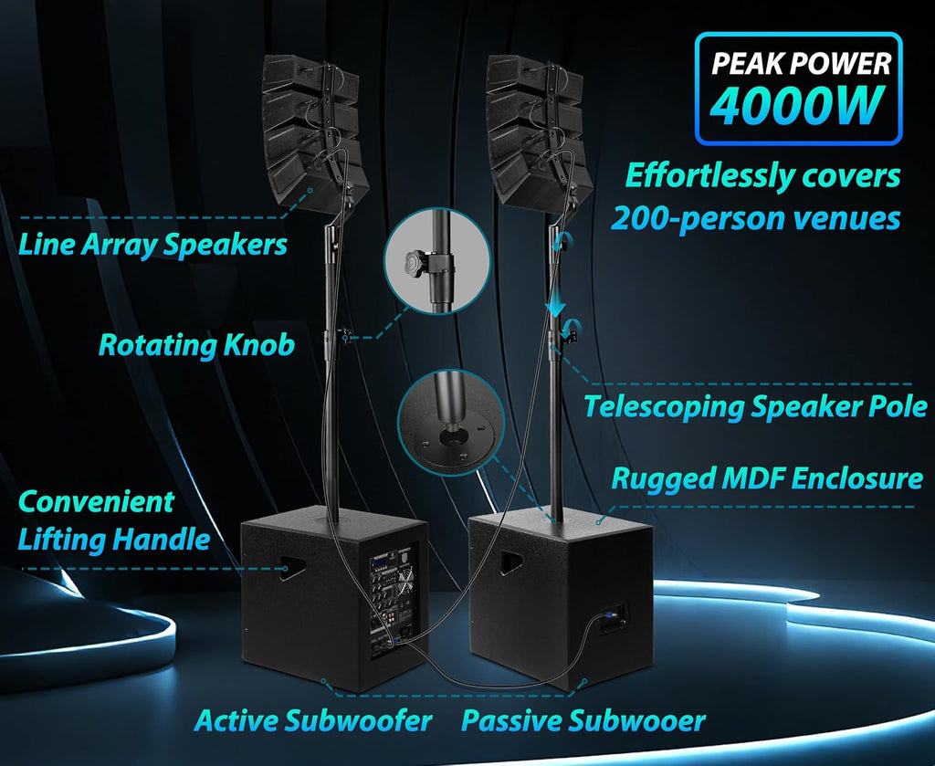 PRORECK Club 3000 12-Inch 4000w DJ Powered PA Speaker System Combo Set with Bluetooth USB Drive Read Function SD Card Remote Control,Two subwoofers and 8 line Array Speakers Set for Church, DJ, Live