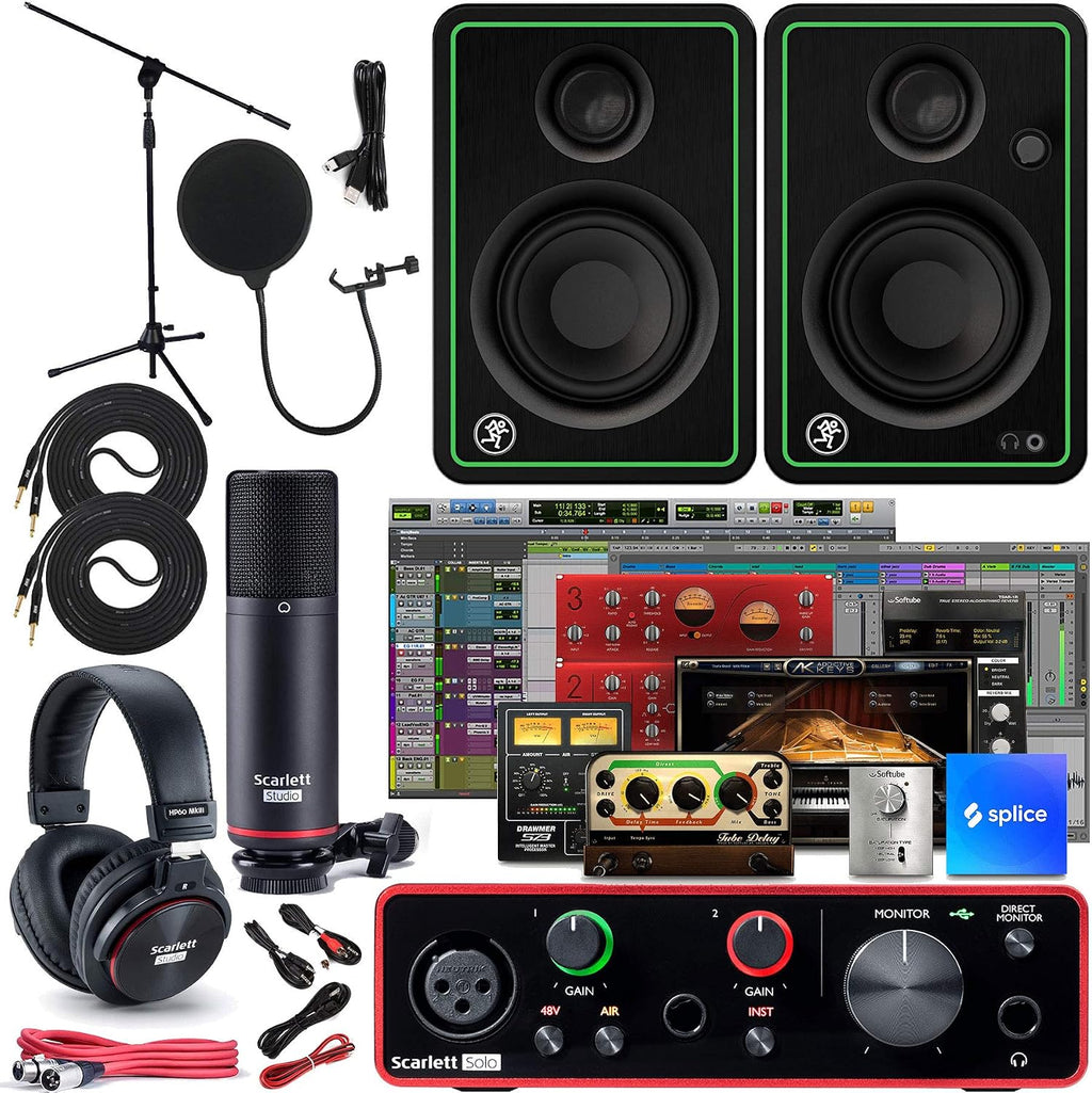 Focusrite Scarlett Solo Studio 3rd Gen USB-C Audio Interface Bundle with Mackie CR3-X Monitors, CM25 MkIII Condenser Mic, Headphones, Mic Stand, Pop Filter & 2x 1/4' TS Cables