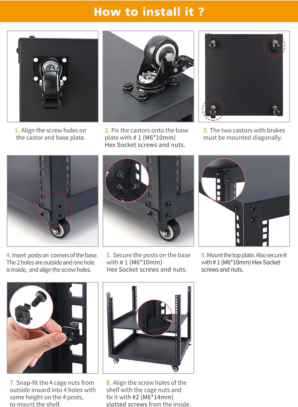 SC02 9U 19' Open Frame Network Server AV Gear Equipment Rack Mobile Storage Cabinet with Casters & a Shelf - for HsSome Audio & Video DJ Recording Studio Sound Equipment