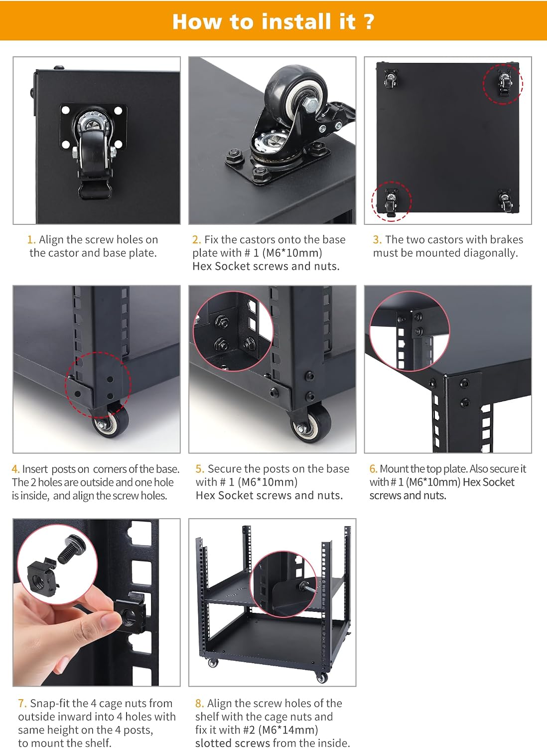 SC02 9U 19' Open Frame Network Server AV Gear Equipment Rack Mobile Storage Cabinet with Casters & a Shelf - for HsSome Audio & Video DJ Recording Studio Sound Equipment