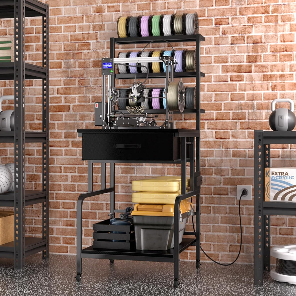 3D Printer Stand with Filament Storage,3D Printer Rack with Storage Drawer，Heavy-Duty 3D Printers Table with Power Outlet，for ABS/PLA/TPU Spools, Home Office Studi