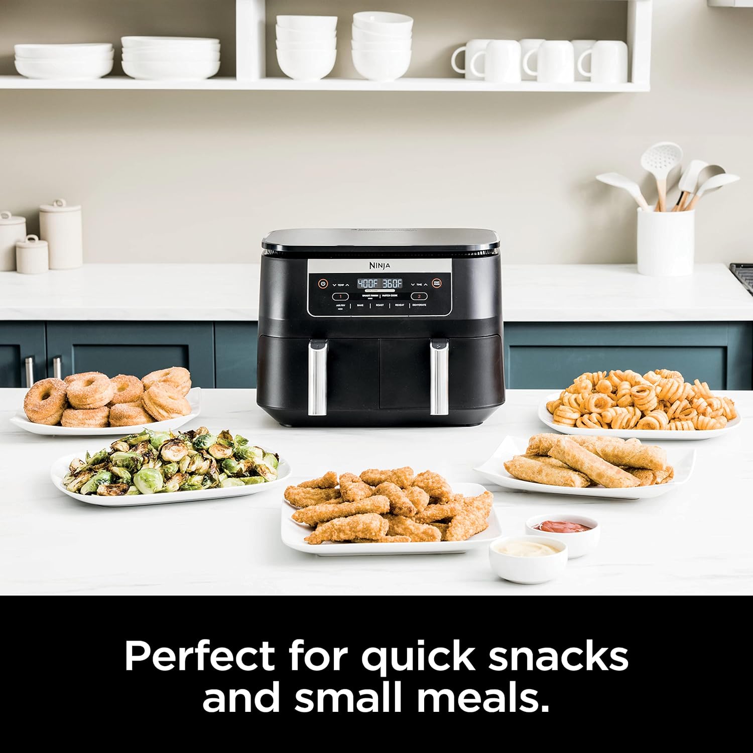 Ninja DZ090 Foodi 6 Quart 5-in-1 DualZone 2-Basket Air Fryer with 2 Independent Frying Baskets, Match Cook & Smart Finish to Roast, Bake, Dehydrate & More for Quick Snacks & Small Meals, Black