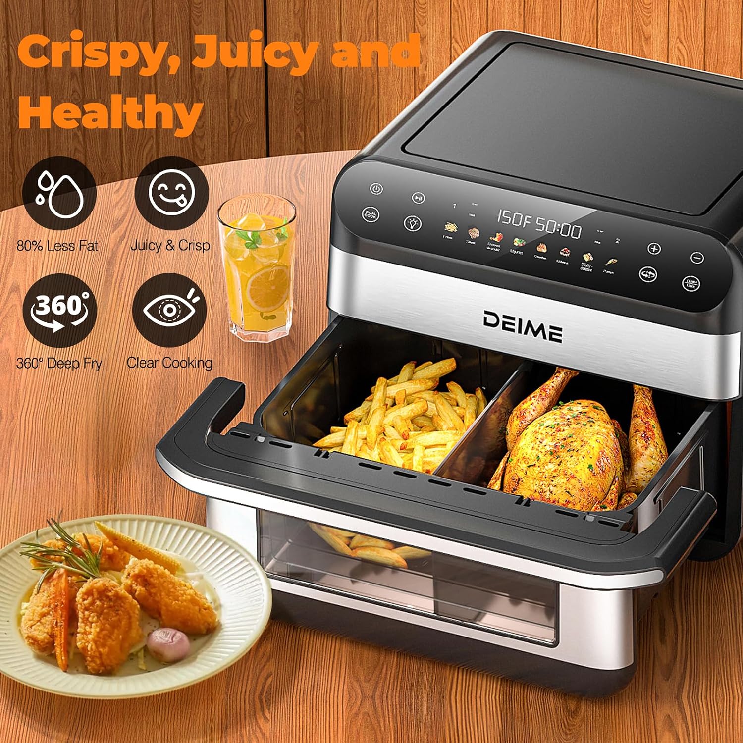 DEIME Dual Zone Air Fryer 10.6 QT Double 1800W Large Capacity Oven Air Fryers Healthy Cooker with 8 Preset, Large AirFryer for Families Visual Cooking Window, Non-Stick Basket, Included Recipe