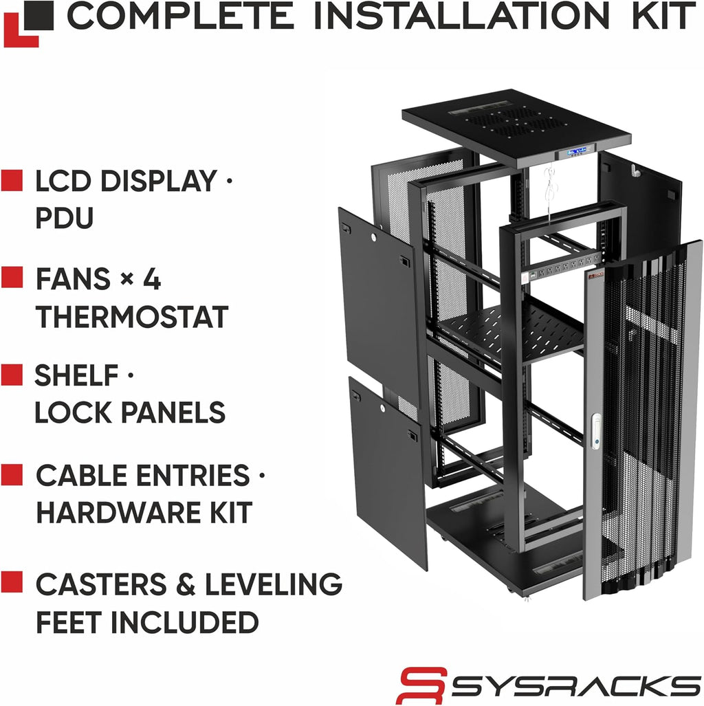 Sysracks 37U Server Rack Cabinet, 39' Deep 19' Floor Standing Enclosed Network Rack for Home Lab, NAS, UPS & AV Gear, Vented Doors, 4 Fans, PDU, Shelf, 1600 lb Capacity