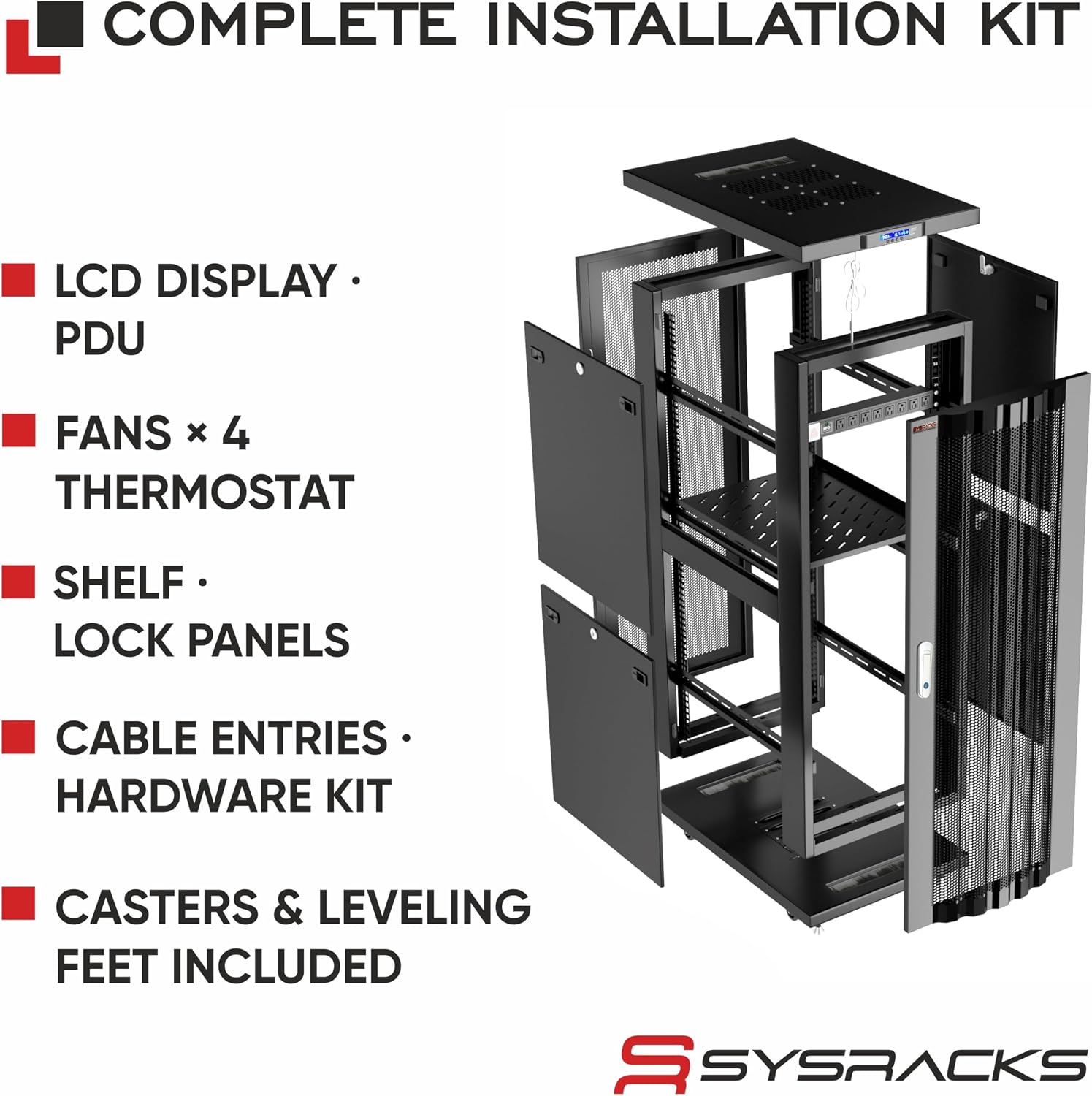 Sysracks 37U Server Rack Cabinet, 39' Deep 19' Floor Standing Enclosed Network Rack for Home Lab, NAS, UPS & AV Gear, Vented Doors, 4 Fans, PDU, Shelf, 1600 lb Capacity