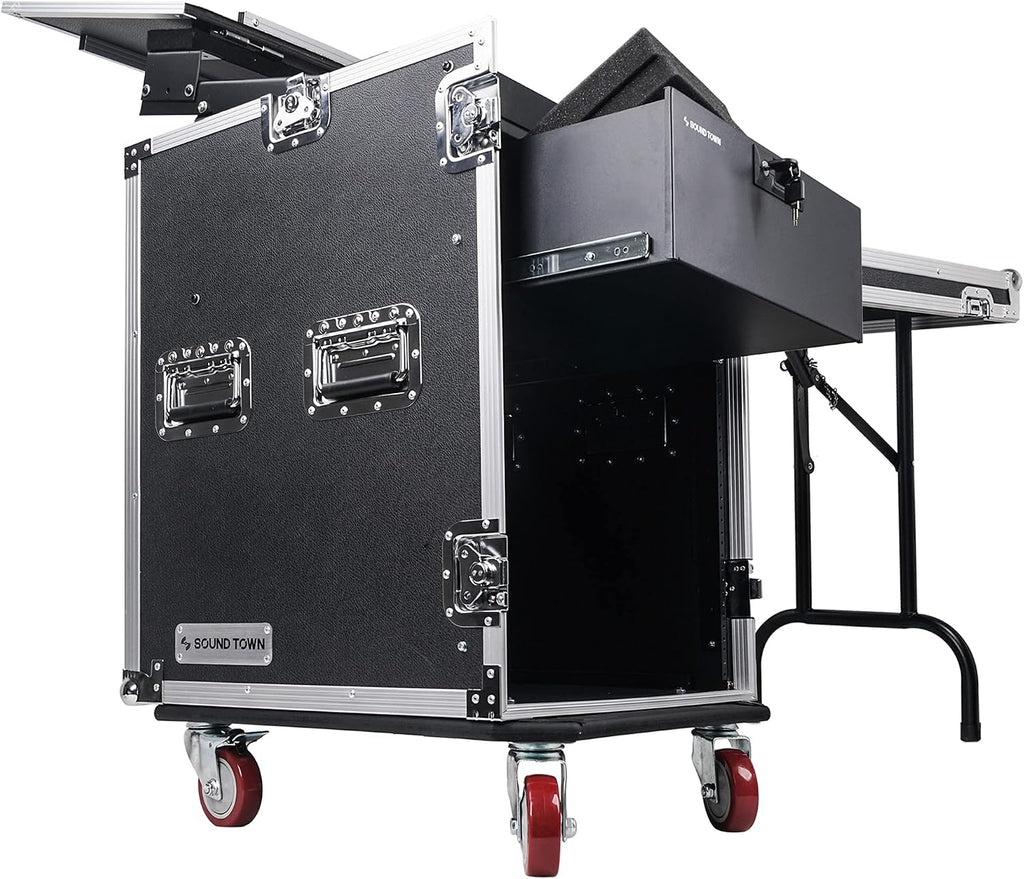 Sound Town Heavy-Duty 1/2' (12mm) Plywood 14U PA DJ Pro Audio Rack/Road ATA Case with 11U Slant Mixer Top, Locking Drawer, Side Table, 20'' Rackable Depth and Casters (STMR-14TD3)