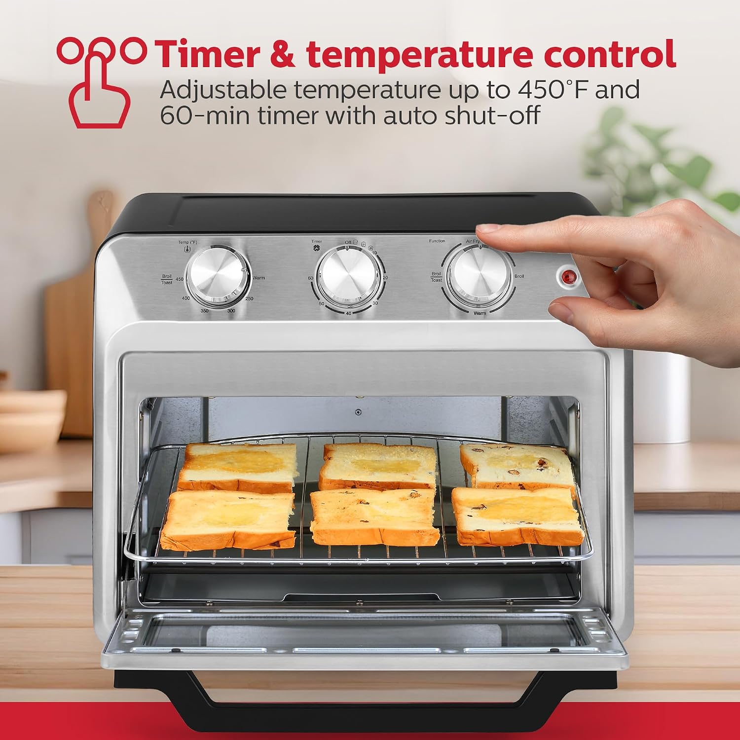 Holstein Housewares 21QT Air Fryer Oven. Multi-Function Countertop Oven for Toast, Bake, Broil, Roast & Air Fry with Glass Door, Timer & Dishwasher Safe Accessories. Large 6 Slice Capacity