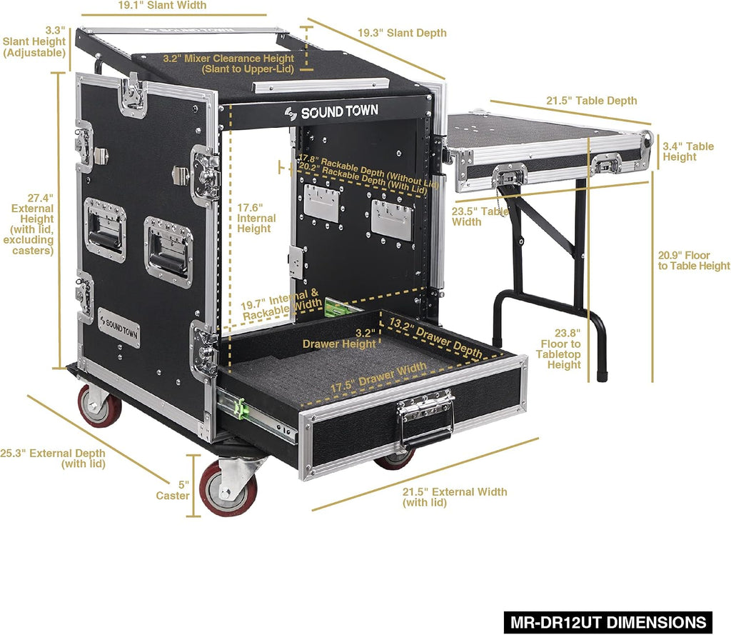 Sound Town 12U PA DJ Pro Audio Rack/Road ATA Case with 2U Drawer, 11U Slant Mixer Top, DJ Work Table, Casters, Pro Tour Grade (MR-DR12UT)