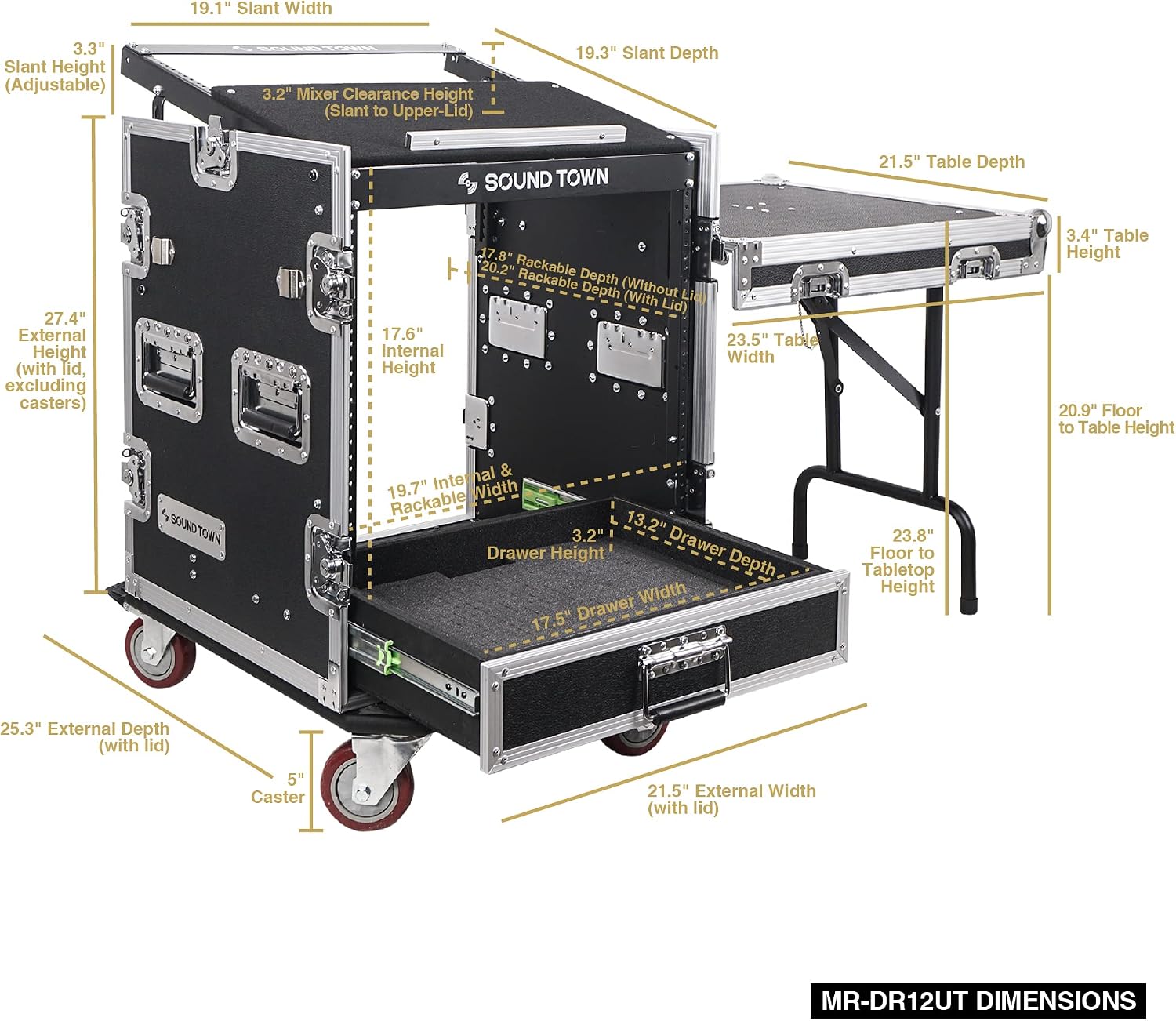 Sound Town 12U PA DJ Pro Audio Rack/Road ATA Case with 2U Drawer, 11U Slant Mixer Top, DJ Work Table, Casters, Pro Tour Grade (MR-DR12UT)