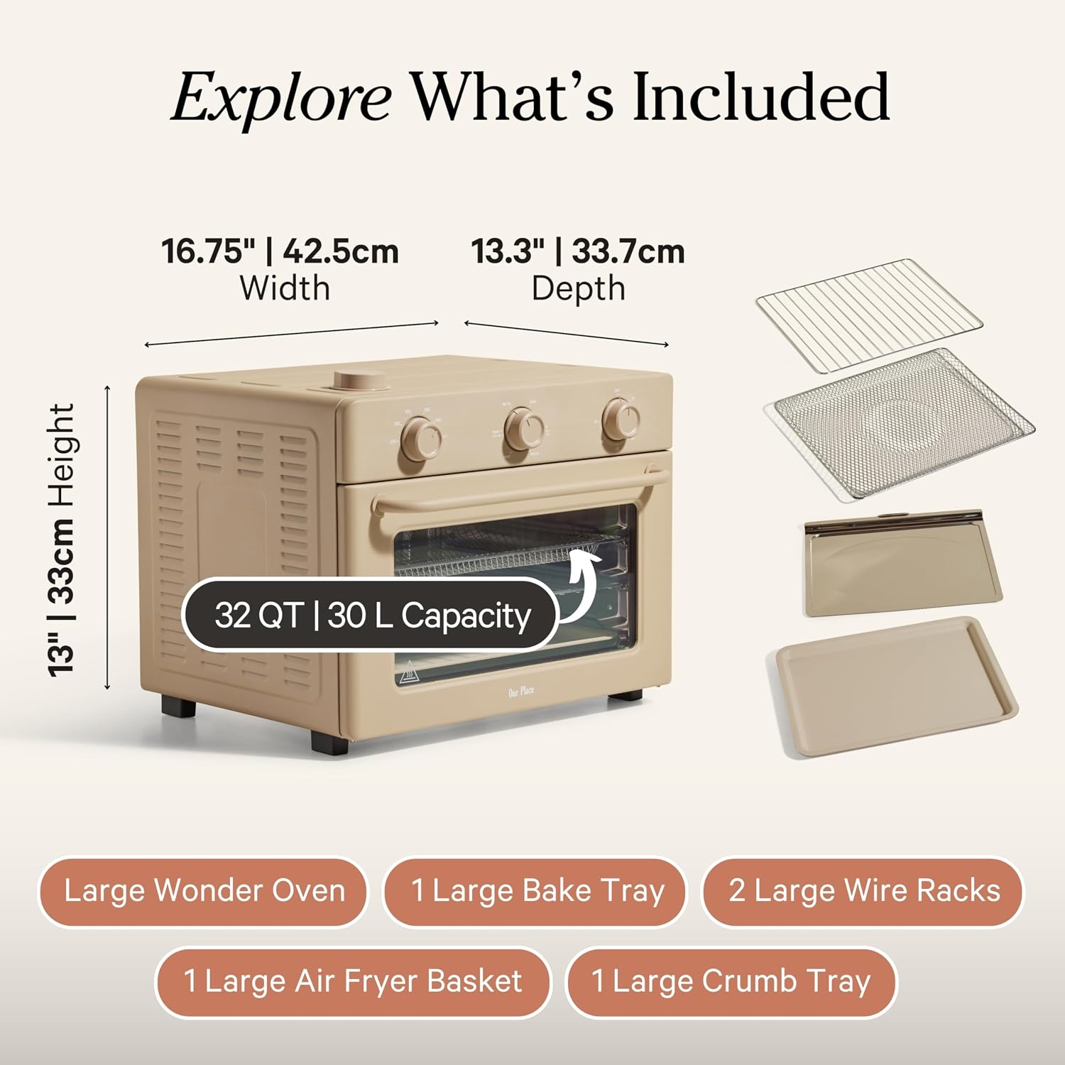 Our Place Large Wonder Oven | 6-in-1 Stainless Steel Air Fryer Toaster Oven Combo with Basket, Rack, Pan & Tray | 3-Rack, 32 QT, Large Capacity - Toast, Roast, Bake, Reheat, Broil & Steam | Steam