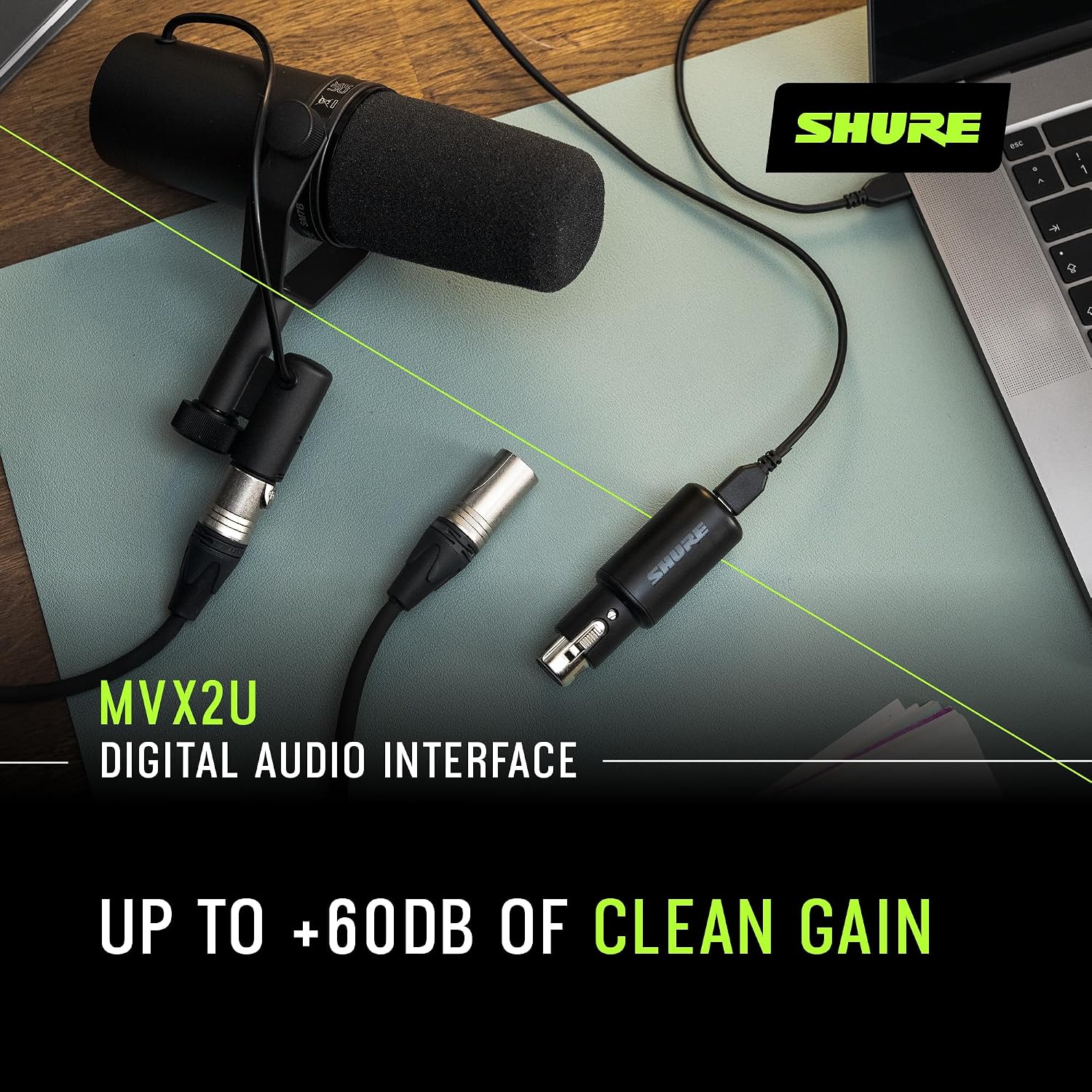 Shure MVX2U XLR-to-USB Digital Audio Interface, Headphone Jack, 60dB Gain, Zero-Latency Monitoring, 48V Phantom Power, ShurePlus App, USB-C Cable
