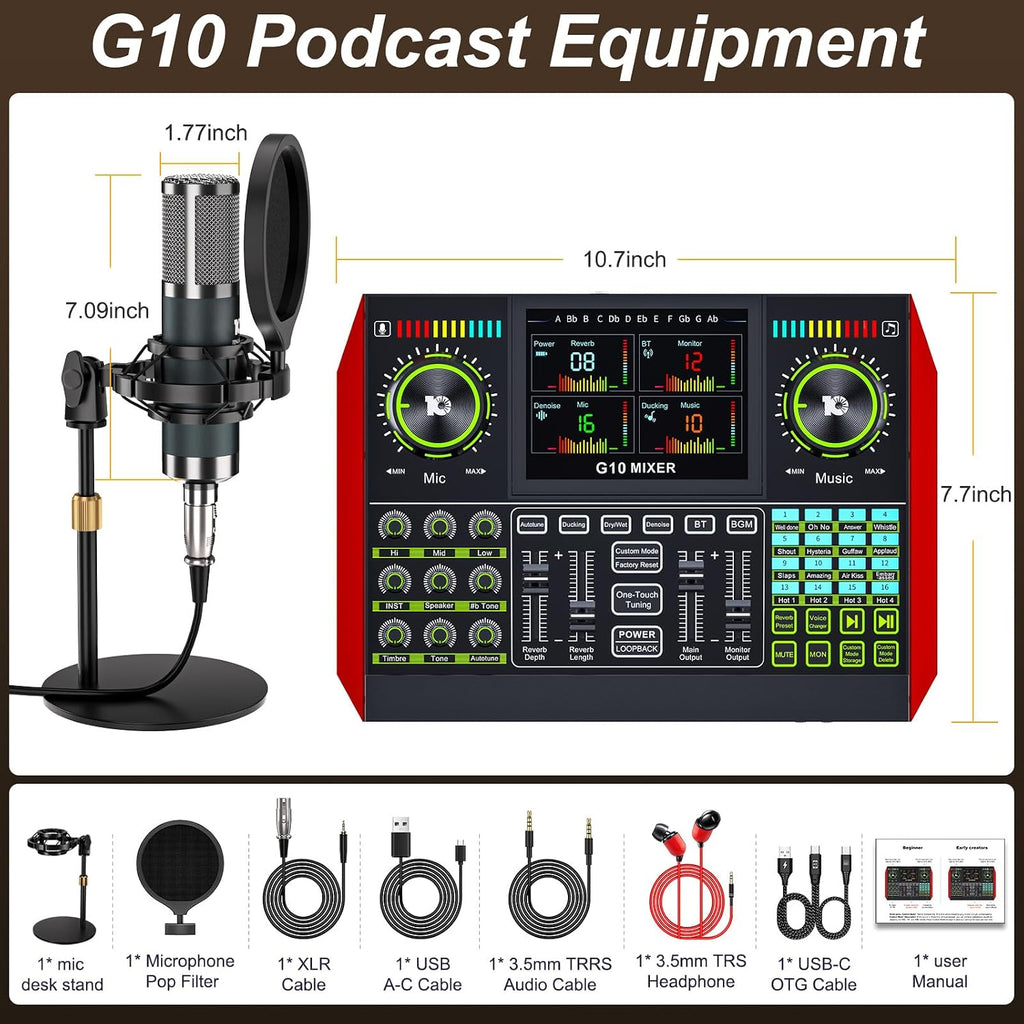 neculogy G10 Podcast Equipment Bundled with Audio Mixer Integrated Podcast Production Studio, Equipped with P15 Microphone, Used for Live Streaming, Podcast Recording PC,YouTube Recording