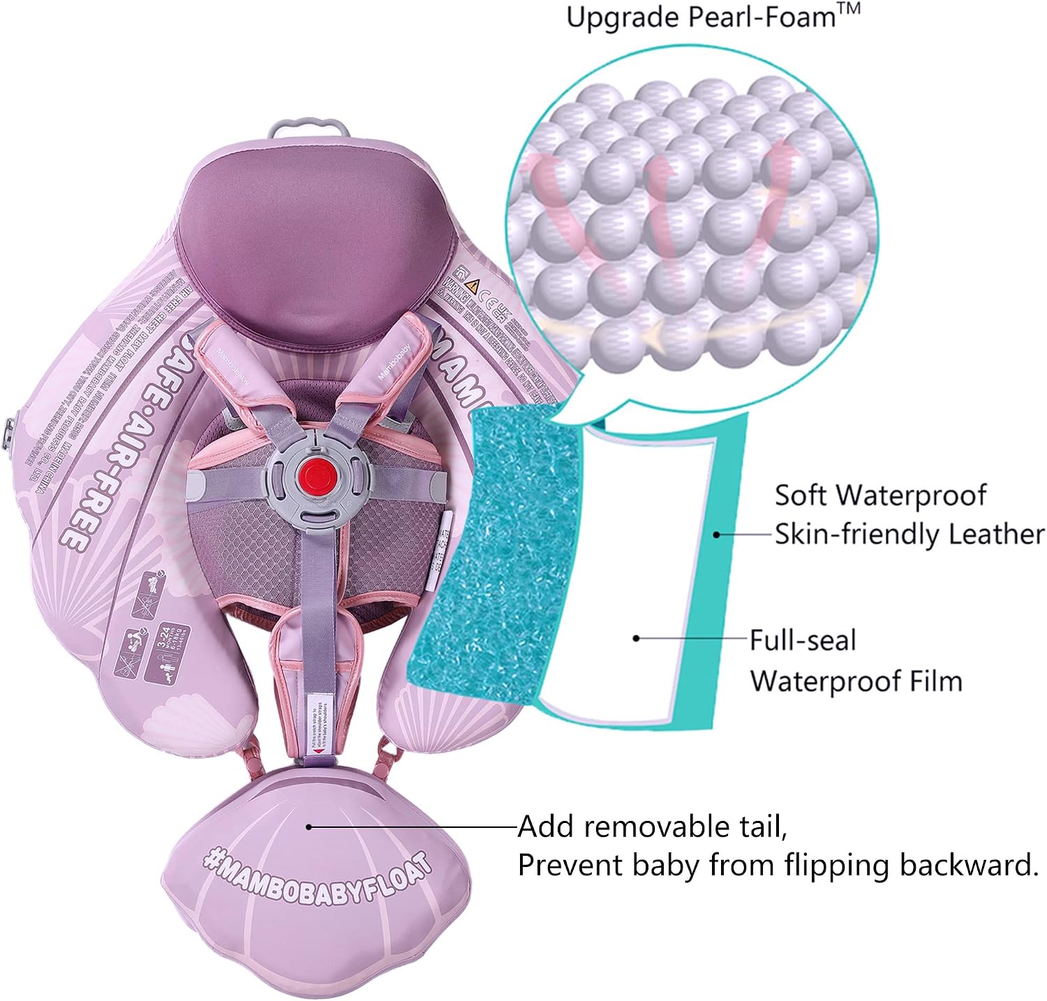 Mambobaby Float Add Tail Baby Swim Float with Canopy Solid Pool Infant Swim Trainer Swimming Training Lying Air Free Water Floats Non-Inflatable Waist Swim Ring for Toddlers (Shell - Purple)