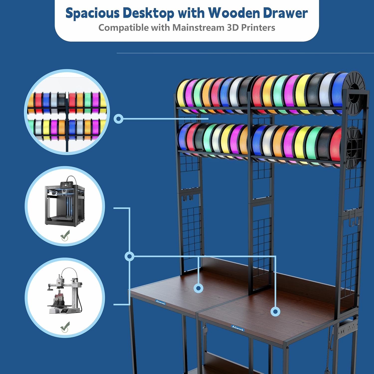 2025 Upgraded Dual 3D Printer Stand with Filament Storage Workstation, Extended Storage Mobile 3D Printer Table Workbench, AC/USB Power Hub for Studio Workshop
