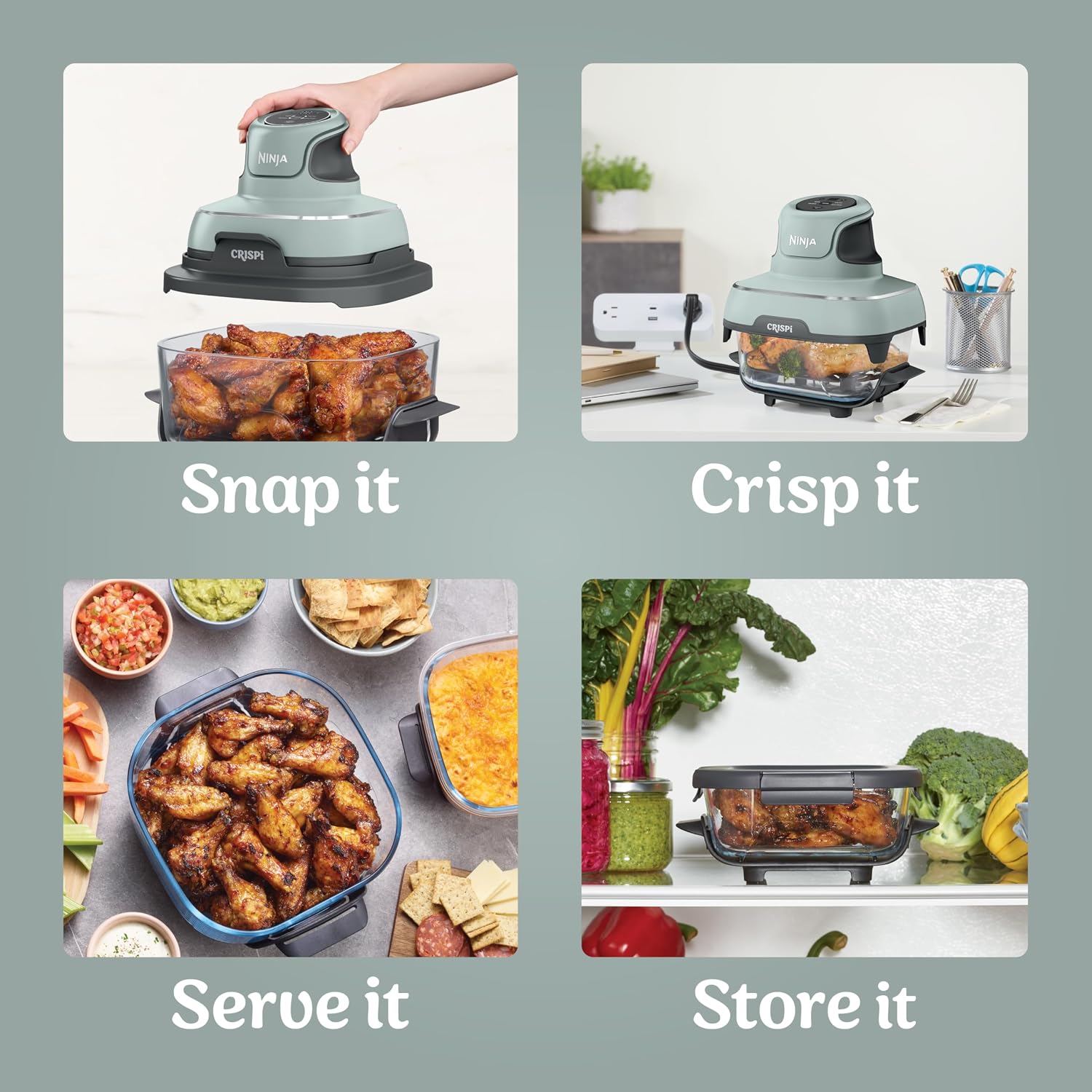Ninja Crispi Air Fryer, Microwave, Freezer & Dishwasher Safe, Non Toxic Glass Portable Cooking System, 4 QT & 6 Cup Glass Containers with Storage Lids, Easy Meals, Air Fry, Bake, Green (Renewed)