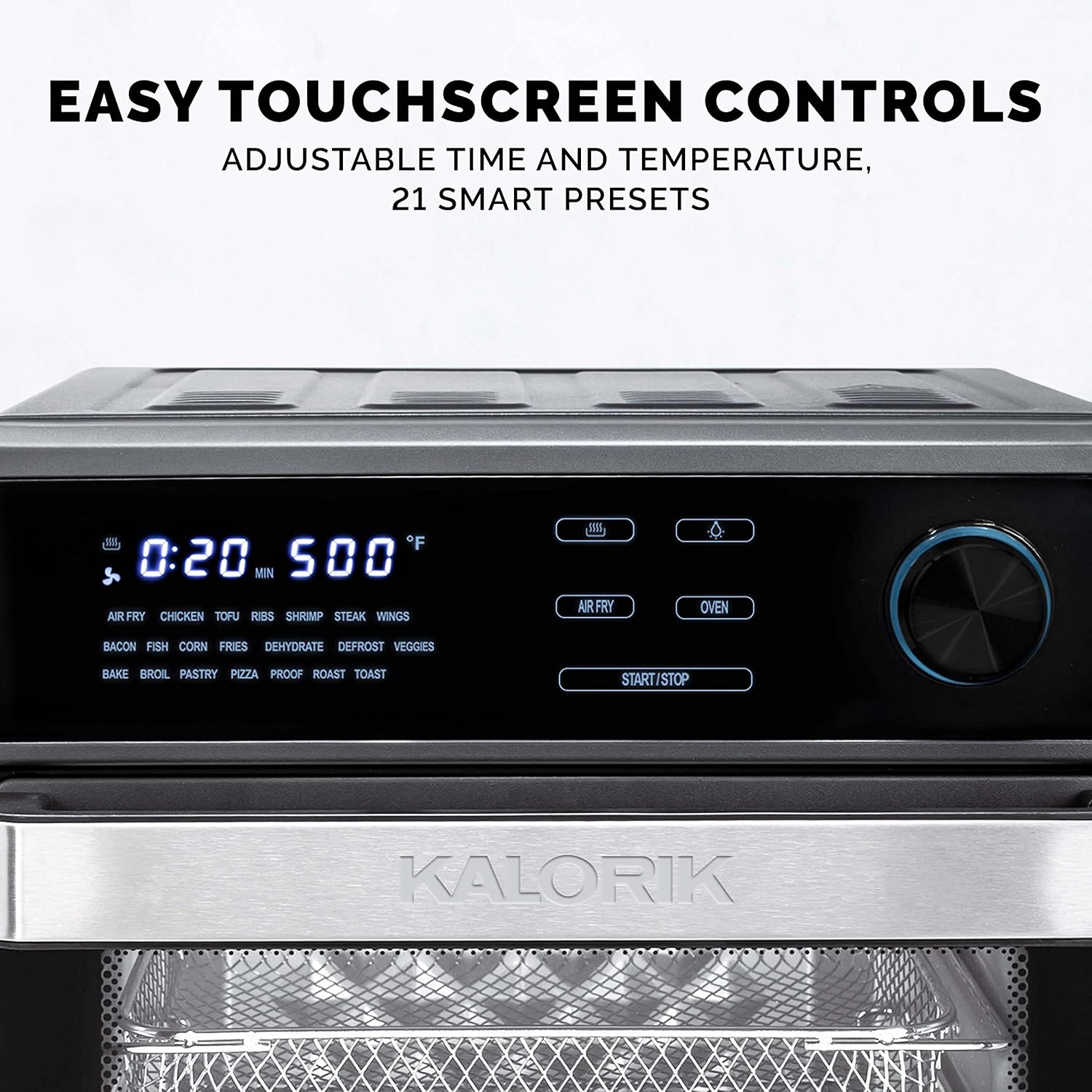 Kalorik MAXX® Touch 16 Quart Air Fryer Oven, 9-in-1 Air Fryer Toaster Oven Combo, 21 presets, 500°F, 5 Accessories, Recipe Book, 1600W, Black Stainless Steel, AFO 47804 BK