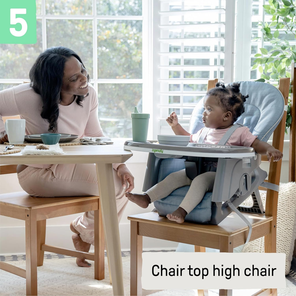 Ingenuity Proper Positioner Deluxe High Chair - 7-in-1 Convertible Baby Seat, Faux Wood Print Legs, Unisex, for Ages 0-36 Months