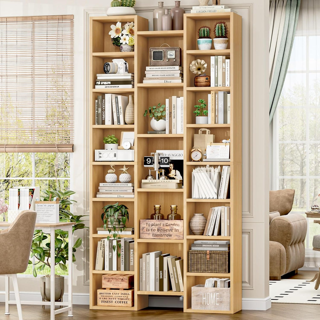 FOTOSOK 71'' Tall Bookshelf with 21 Cubes, 8 Tier Triple Wide Bookshelf with 8 Adjustable Shelves, 35' Wood Bookcase DVD/CD Media Tower Storage, Freestanding Display Shelf Cabinet, Natural