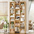 FOTOSOK 71'' Tall Bookshelf with 21 Cubes, 8 Tier Triple Wide Bookshelf with 8 Adjustable Shelves, 35' Wood Bookcase DVD/CD Media Tower Storage, Freestanding Display Shelf Cabinet, Natural