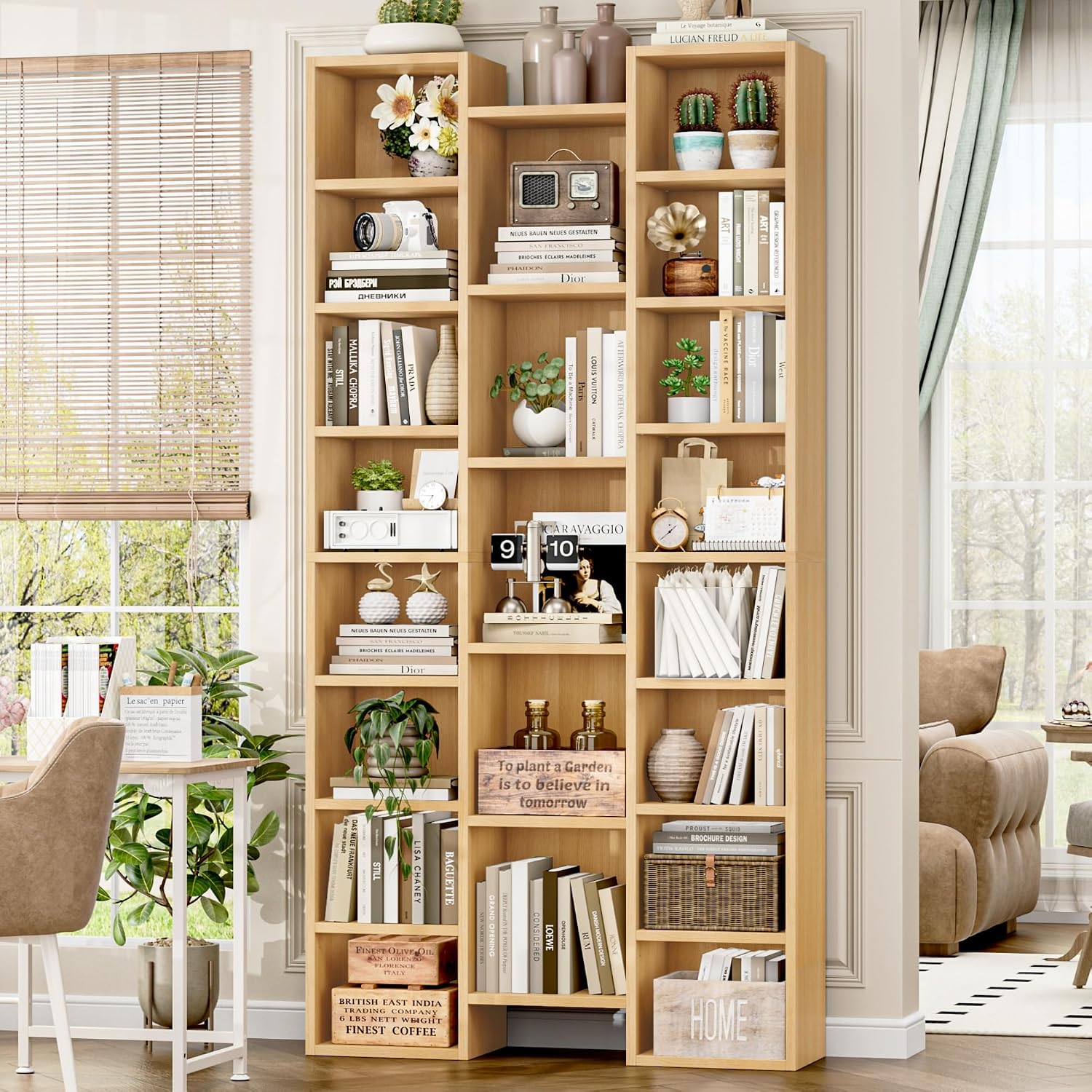 FOTOSOK 71'' Tall Bookshelf with 21 Cubes, 8 Tier Triple Wide Bookshelf with 8 Adjustable Shelves, 35' Wood Bookcase DVD/CD Media Tower Storage, Freestanding Display Shelf Cabinet, Natural