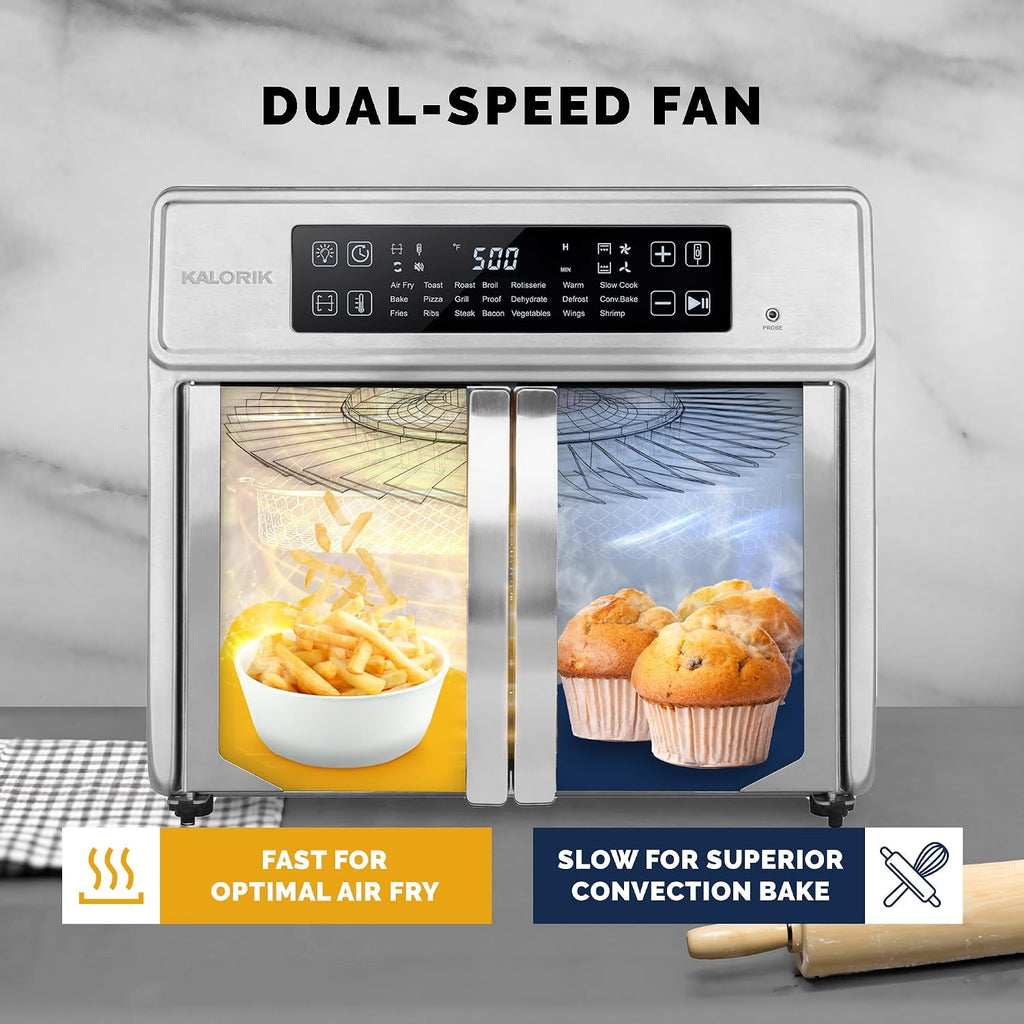 Kalorik Air Fryer Oven MAXX Advance Series 26-Quart with Digital Controls Easy-View Door and 21 Smart Cooking Presets, Includes Cooking Accessories with XXL Air Fry Basket, 1700-Watts, Stainless Steel