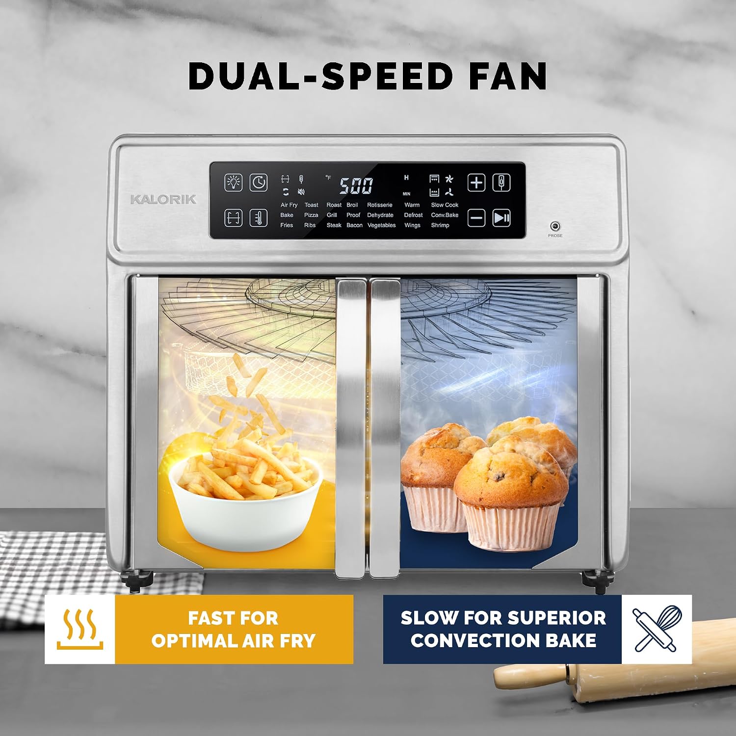 Kalorik Air Fryer Oven MAXX Advance Series 26-Quart with Digital Controls Easy-View Door and 21 Smart Cooking Presets, Includes Cooking Accessories with XXL Air Fry Basket, 1700-Watts, Stainless Steel