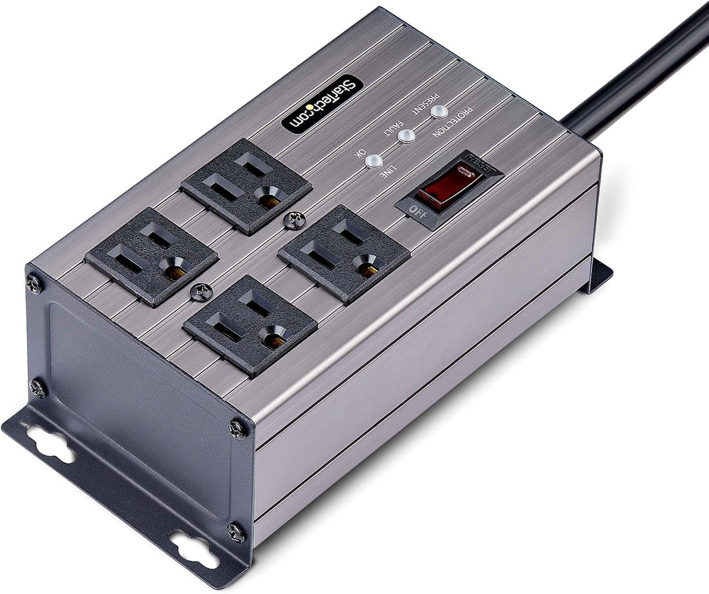 StarTech.com Flat Plug 4-Outlet Heavy Duty Industrial Power Strip 125V/15A with Surge Protector, EMI/RFI Isolation, Mountable PDU, 8ft/2.4m Extension Power Cord, NEMA 5-15P/R, TAA