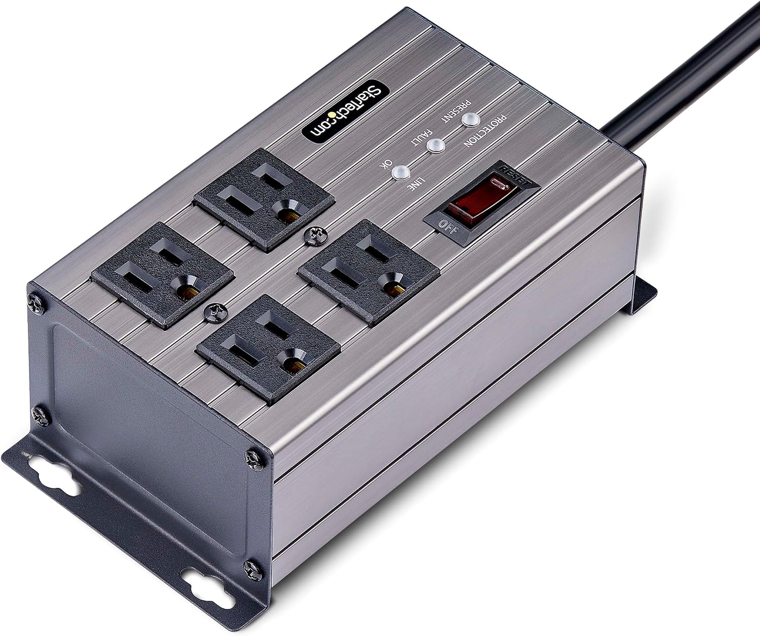 StarTech.com Flat Plug 4-Outlet Heavy Duty Industrial Power Strip 125V/15A with Surge Protector, EMI/RFI Isolation, Mountable PDU, 8ft/2.4m Extension Power Cord, NEMA 5-15P/R, TAA