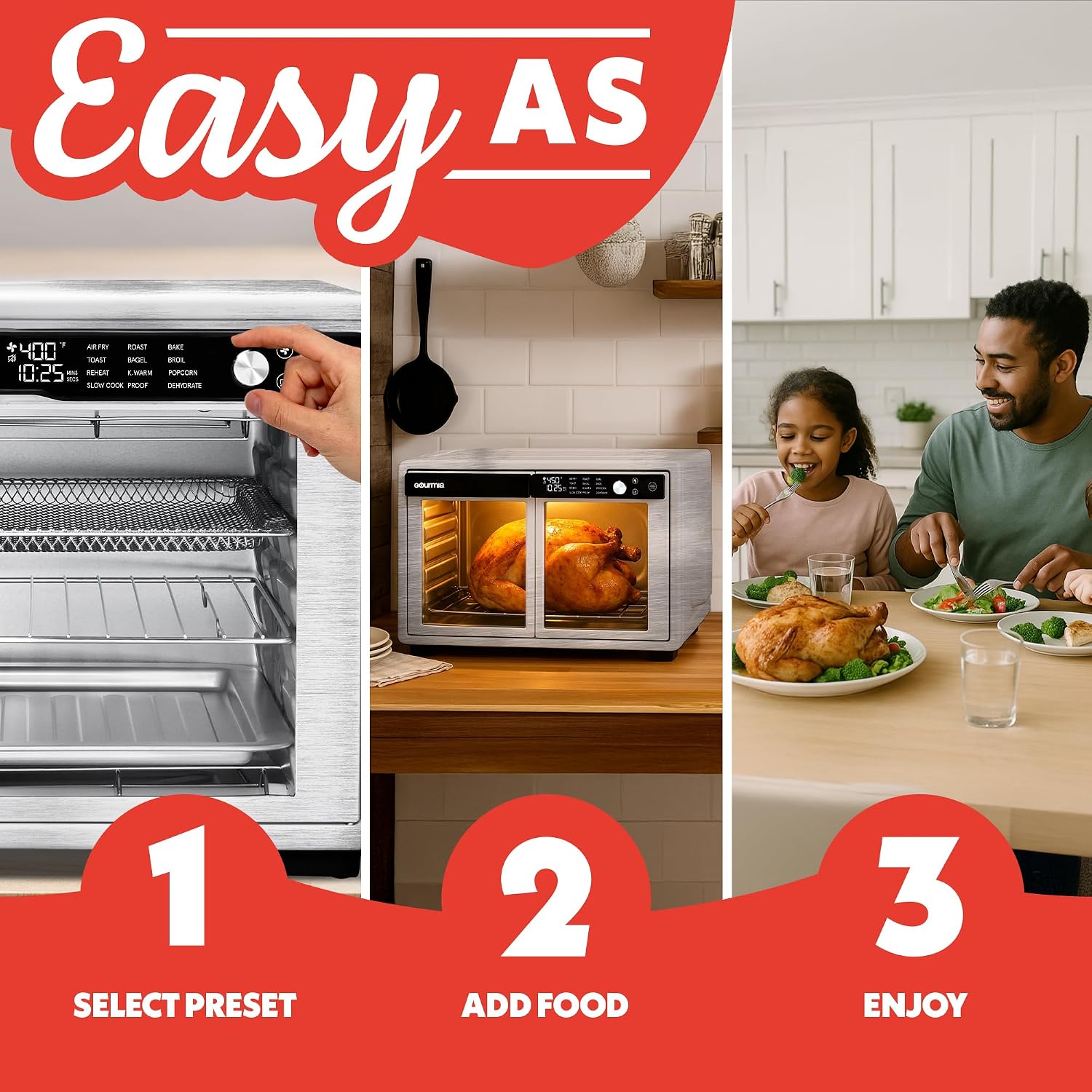 Gourmia French Door Air Fryer Oven - 37 Qt Large Capacity Convection Toaster Oven, FryForce 360°, Digital Display, 12 Cooking Presets, Dehydrate, Fits 13' Pizza, Dishwasher-Safe, Stainless Steel