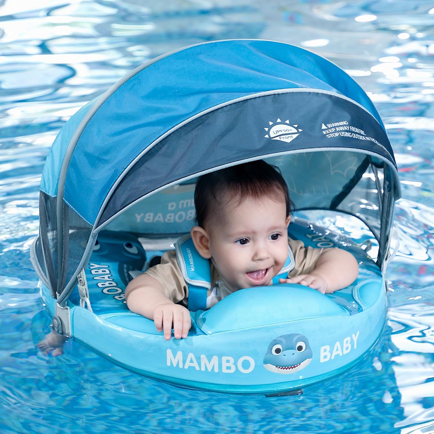 Mambobaby Float Add Tail Baby Swim Float with Canopy Solid Pool Infant Swim Trainer Swimming Training Lying Air Free Water Floats Non-Inflatable Waist Swim Ring for Toddlers (Dinosaur)