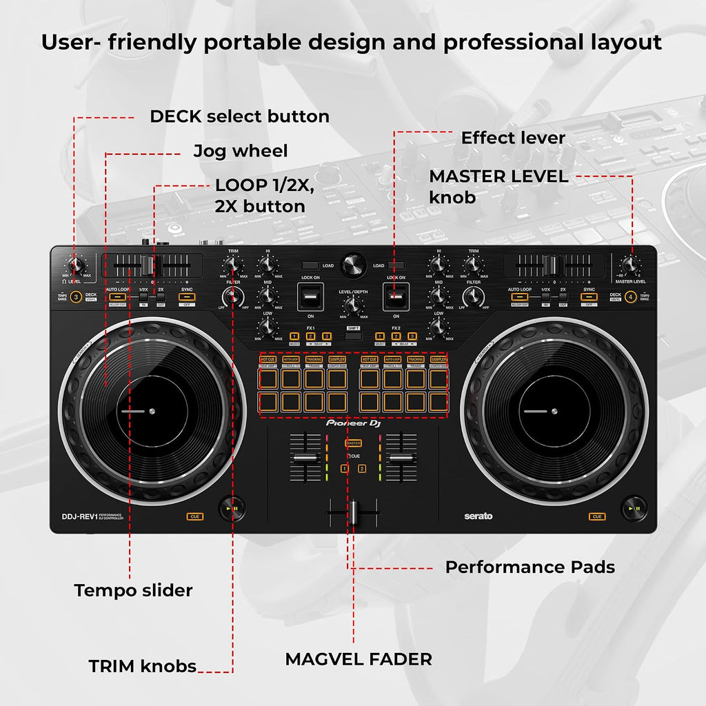 Pioneer DDJ-REV1 Scratch-Style 2-Channel DJ Controller for Serato DJ Lite - Black Bundle with Laptop Stand, Headphones and, Austin Bazaar Polishing Cloth