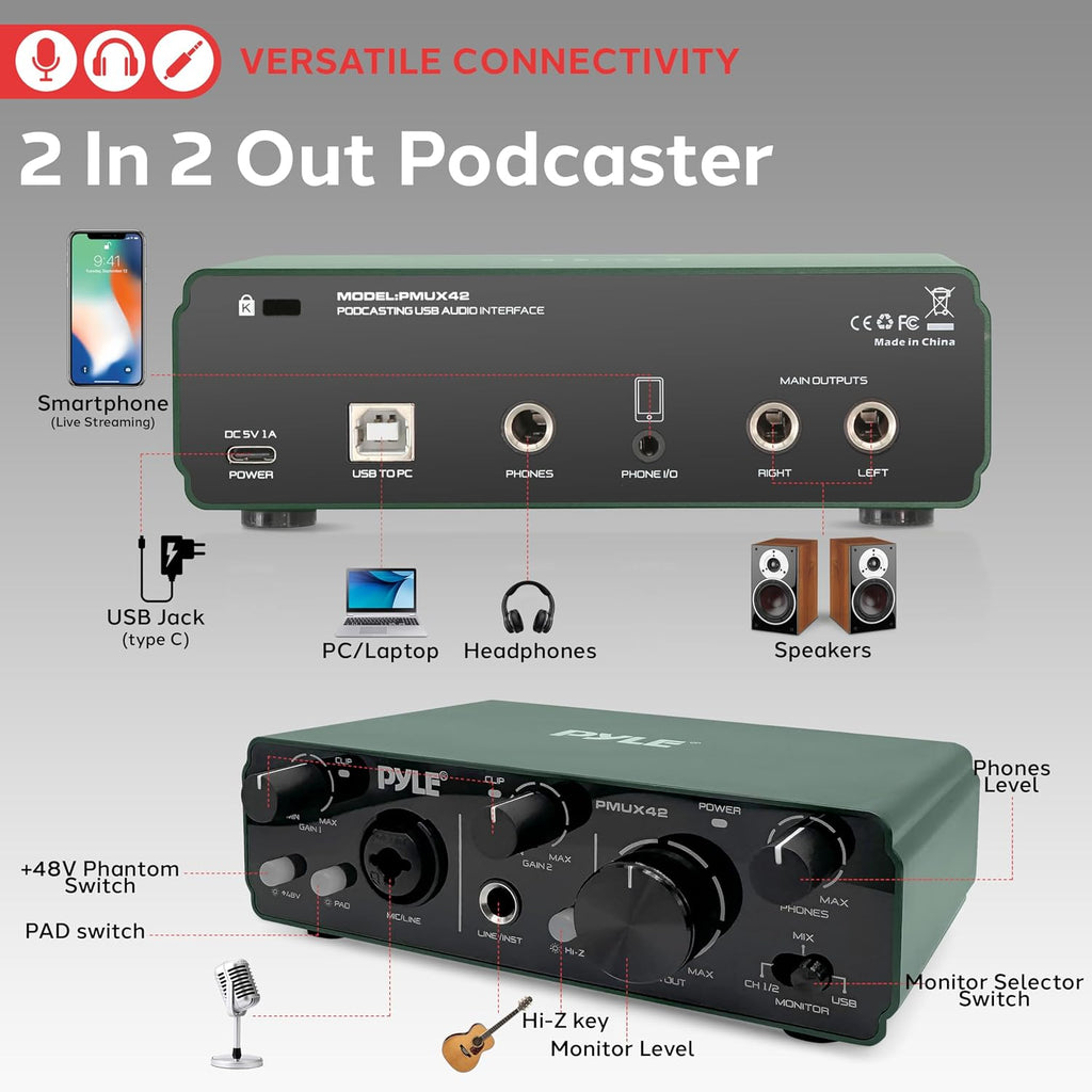 Pyle USB Audio Interface for Recording Music, Podcasting, and Streaming – 2-IN/2-OUT, 24bit/192kHz, Low-Noise, High-Fidelity Studio Quality, USB Powered, Rugged Metal Chassis, 5.9' x 4' x 1.8'
