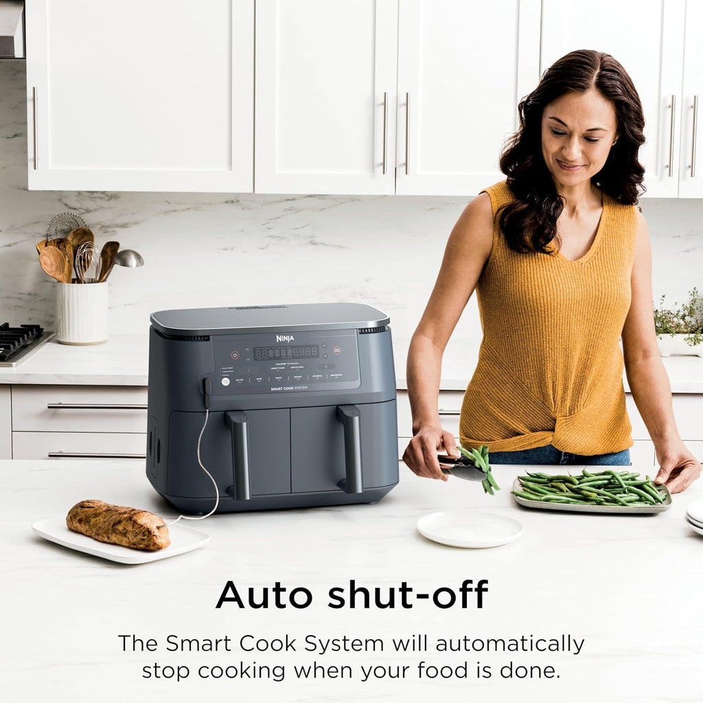 Ninja 6-in-1 10 QT Air Fryer, Foodi Smart Thermometer, Roast, Bake, Air Fry, Crisps, Broil, Reheats, Keep Warm, Fries, Frozen Food, Veggies, & Meat, Light Grey, DZ550GY (Renewed)
