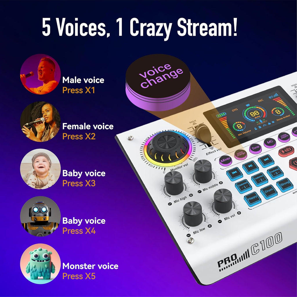 HICALL C100 PRO - P15 Mixing Console Sound Card Microphone Kit - Smart Noise Cancellation, Voice Effects, Long Battery, Cross-Platform