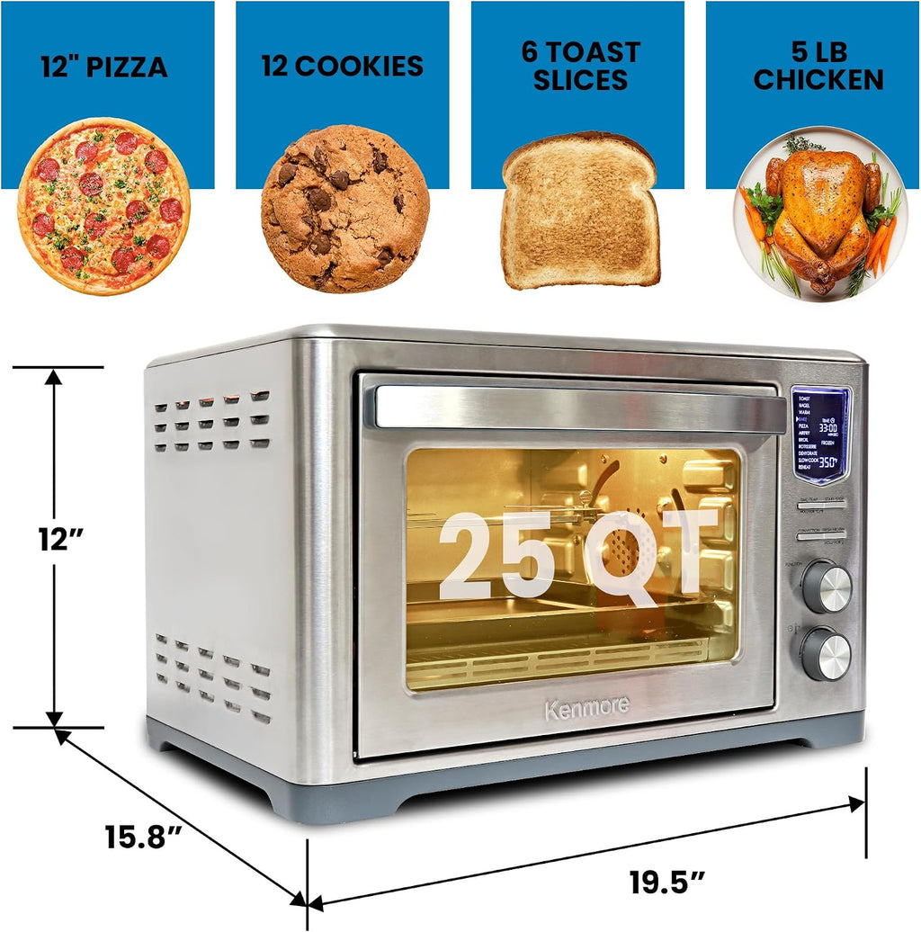 Kenmore Digital 11-In-1 Air Fryer Toaster Oven Combo 26 Qt Convection Rotisserie Dehydrator Bake Broil 1800 Watts 80°-450°F Temp Controls Top & Bottom Heater Adjustments Stainless Steel Large Capacity