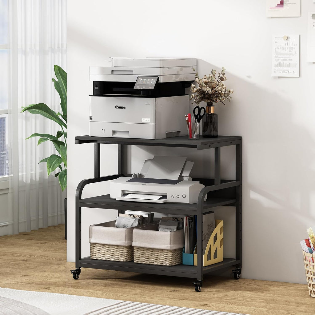 Fannova 32.3' x 18.9' Extra Large Printer Stand Table with Adjustable Storage Shelf, 3 Tier Rolling Printer Cart with Industrial Wheels for Home Office, Black