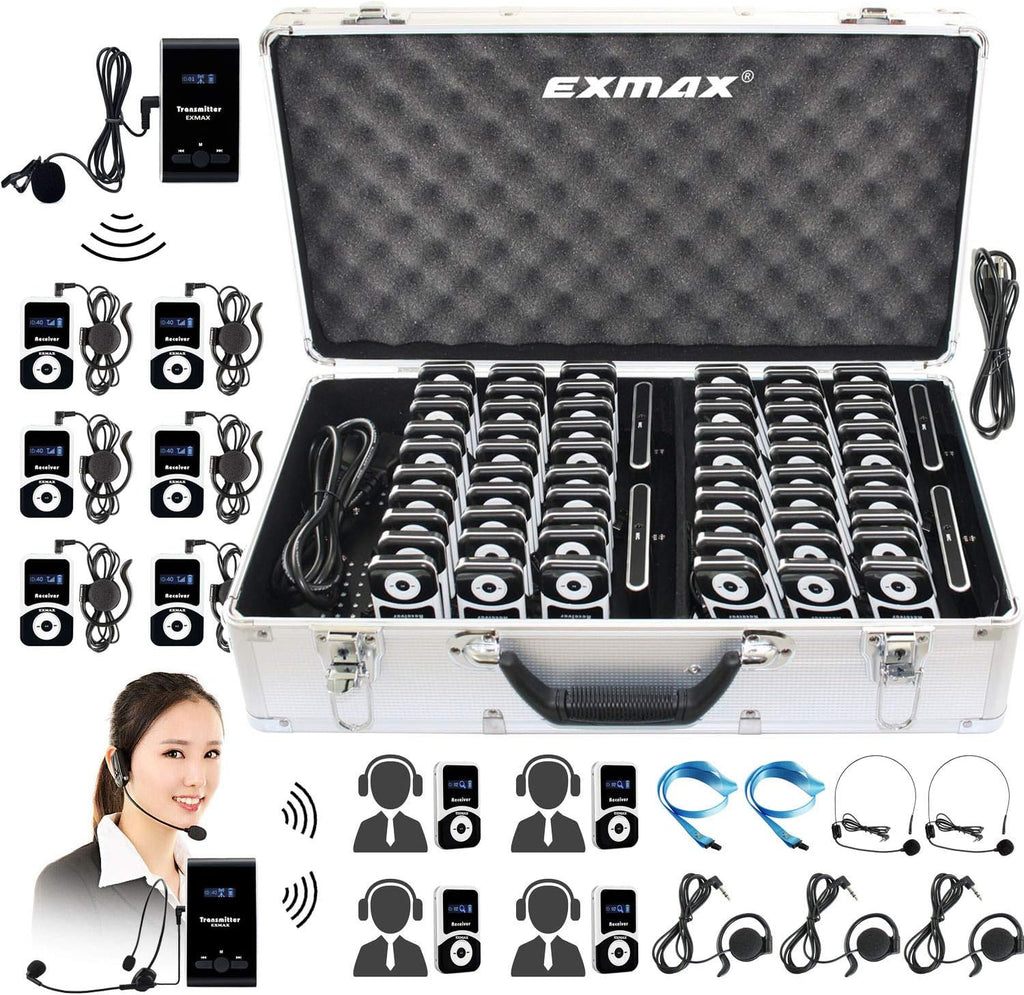 EXMAX Portable Interpreting Solutions ATG-100T 195MHz for Court Interpreters for Courthouses, Churches, International Conference(4 Transmitters and 60 Receivers + Aluminium Alloy Charge Case)