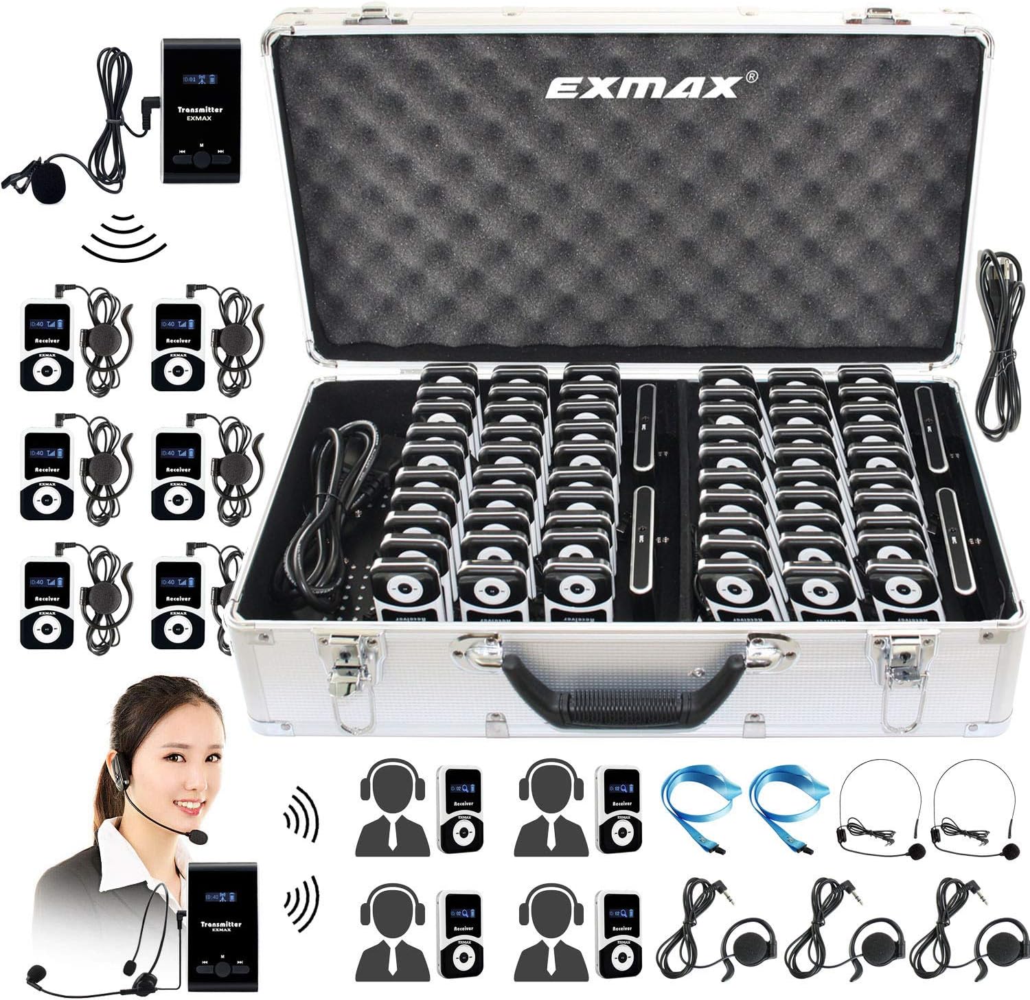 EXMAX Portable Interpreting Solutions ATG-100T 195MHz for Court Interpreters for Courthouses, Churches, International Conference(4 Transmitters and 60 Receivers + Aluminium Alloy Charge Case)