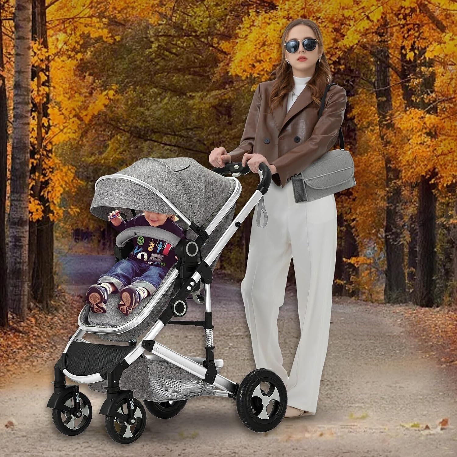 Kinder King 2 in 1 Convertible Baby Stroller, Folding High Landscape Infant Carriage, Newborn Reversible Pram, Adjustable Canopy, Diaper Bag, Anti-Shock Toddler Pushchair Stroller, Light Grey