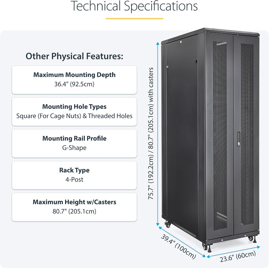 StarTech 42U Enterprise-Grade Server Rack Cabinet, Alloy Steel, 19in Enclosed 4-Post Rack with 36in (91cm) Mounting Depth and 2000lb (900kg) Weight Capacity, Black