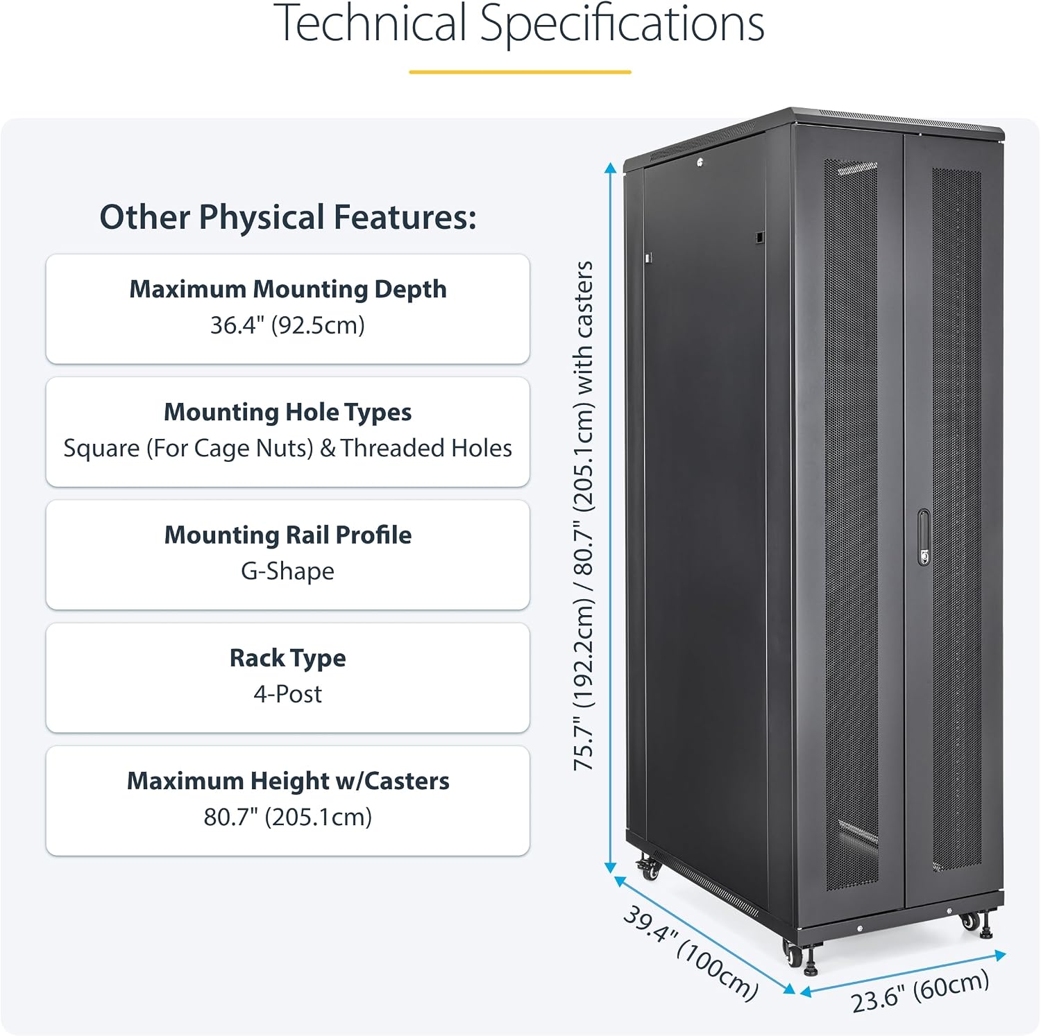 StarTech 42U Enterprise-Grade Server Rack Cabinet, Alloy Steel, 19in Enclosed 4-Post Rack with 36in (91cm) Mounting Depth and 2000lb (900kg) Weight Capacity, Black