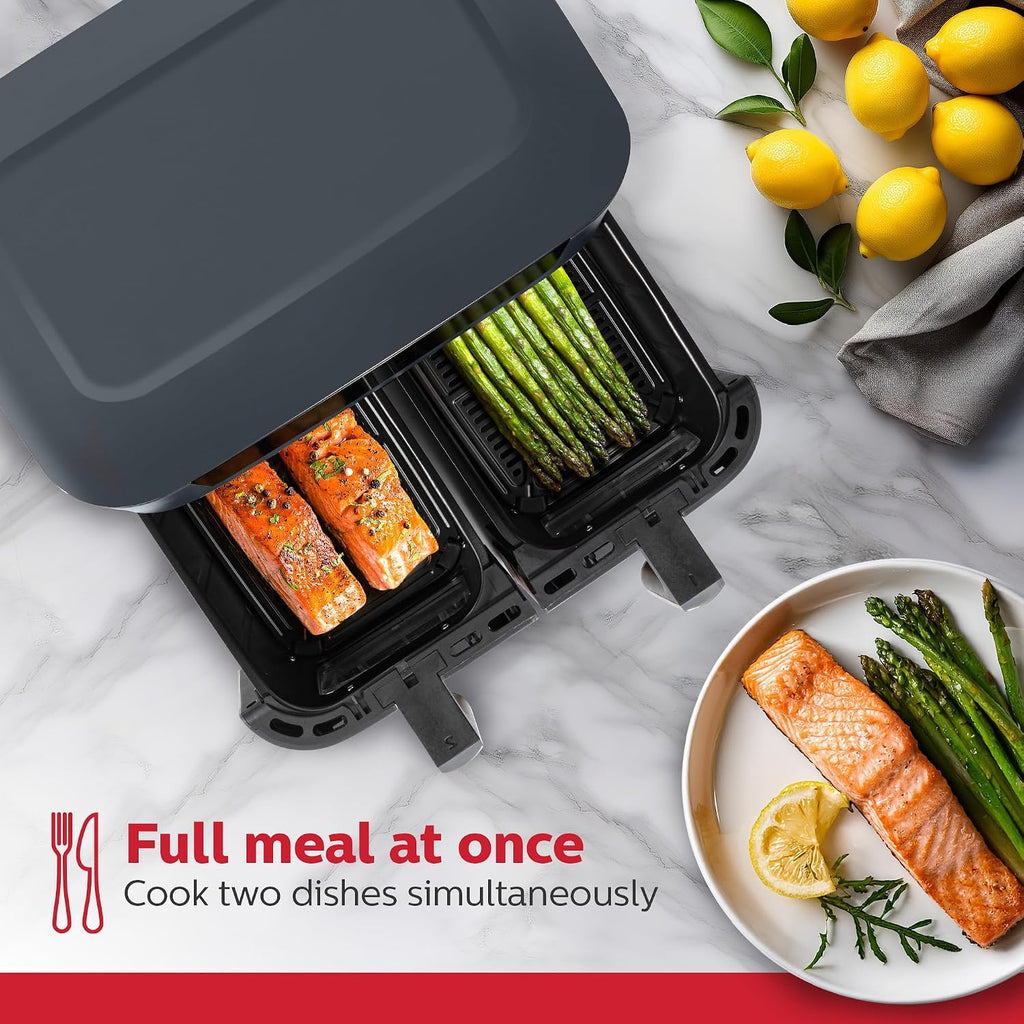 Holstein Housewares 8.4QT Dual Basket Digital Air Fryer with viewing window and led display with 7 preset options. Fry, bake, grill, dehydrate, and roast healthier recipes. Dishwasher Safe