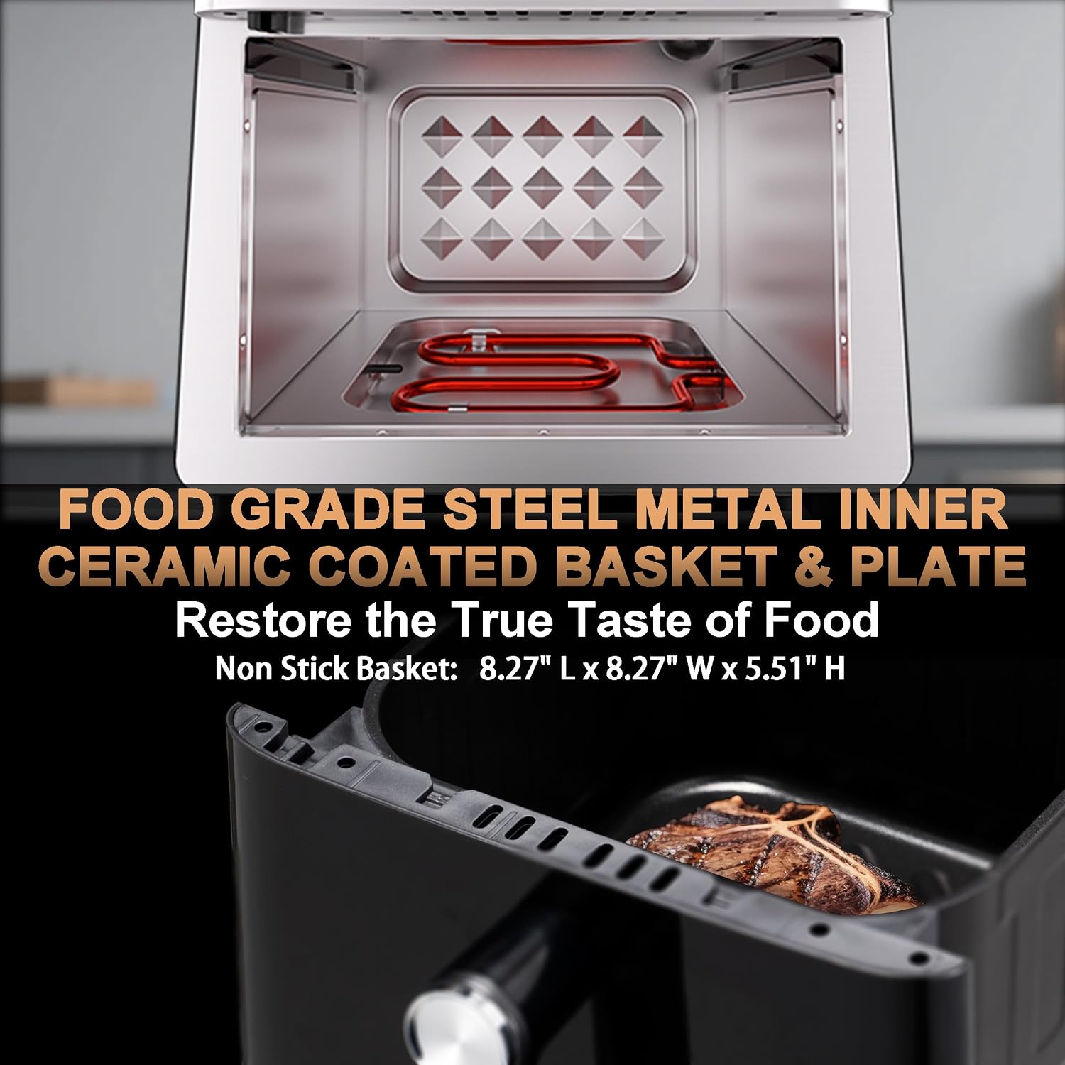 Stainless Steel Air Fryer Ceramic 12 in 1, Dual-Blazes in Steel Housing, 6QT 2-3 Servings Visible 8.27' Basket with Teflon-Free Premium Coating, 1700W, DAYBEST Dishwasher Safe Kits (Stainless Steel)